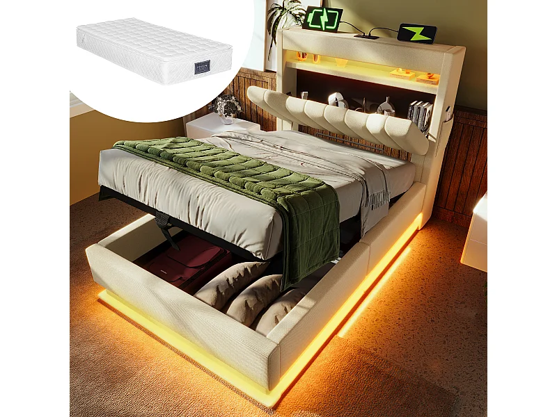 Letto contenitore imbottito - 90 x 200 cm - testiera contenitore con USB e Type-C - con LED - con materasso - lino - beige