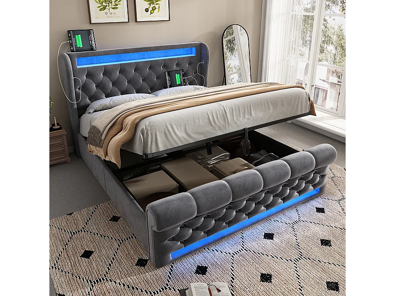 Cama estofada com arrumação - 160 x 200 cm - com LEDs - cabeceira com arrumação e USB - veludo - cinza