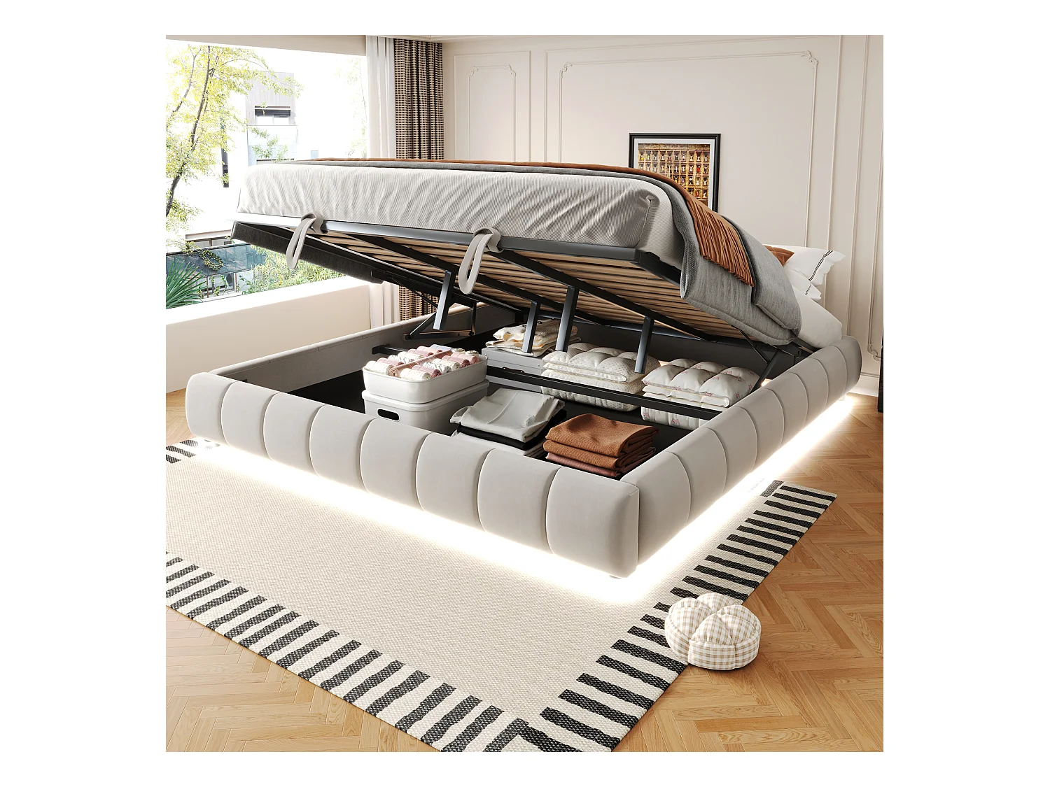 Cama estofada com arrumação - 180 x 200 cm - sem cabeceira - com LEDs - veludo + madeira compensada + MDF - bege