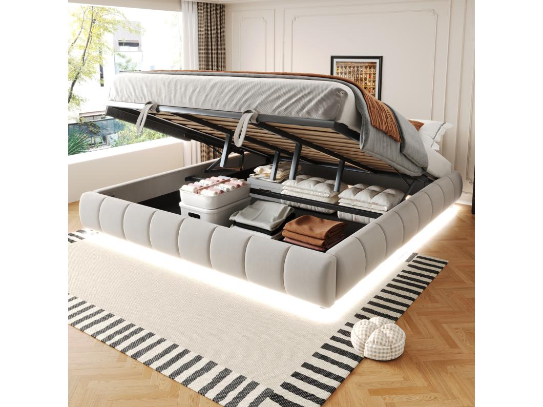 Cama estofada com arrumação - 180 x 200 cm - sem cabeceira - com LEDs - veludo + madeira compensada + MDF - bege