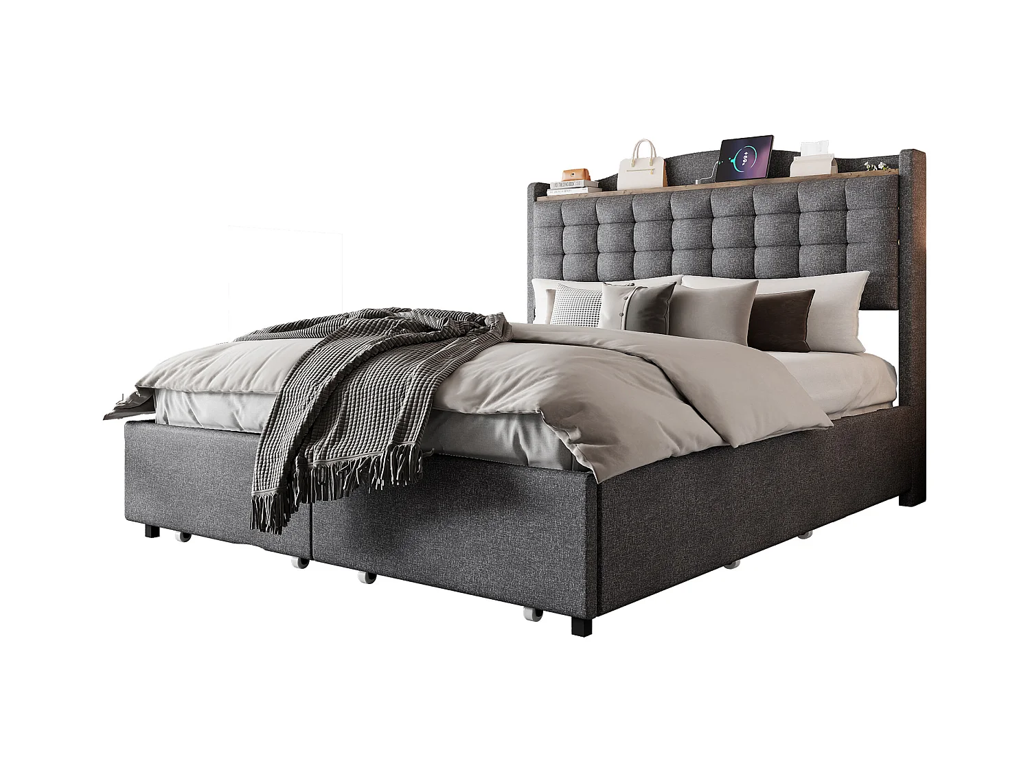 Lit coffre tapissé - 140 x 200 cm - table de chevet avec USB + rangement + 4 tiroirs - lin + métal + MDF - gris