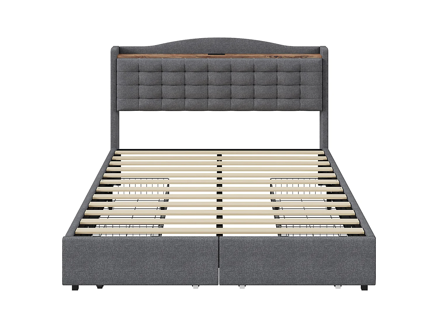 Lit coffre tapissé - 140 x 200 cm - table de chevet avec USB + rangement + 4 tiroirs - lin + métal + MDF - gris