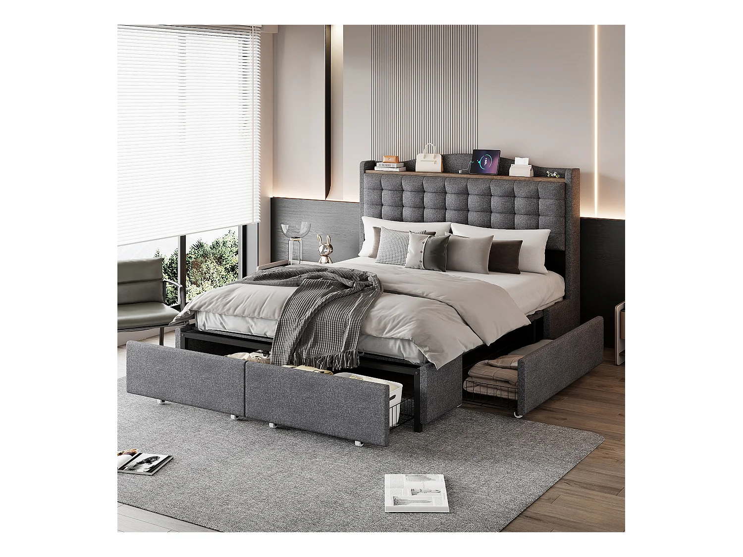 Lit coffre tapissé - 140 x 200 cm - table de chevet avec USB + rangement + 4 tiroirs - lin + métal + MDF - gris