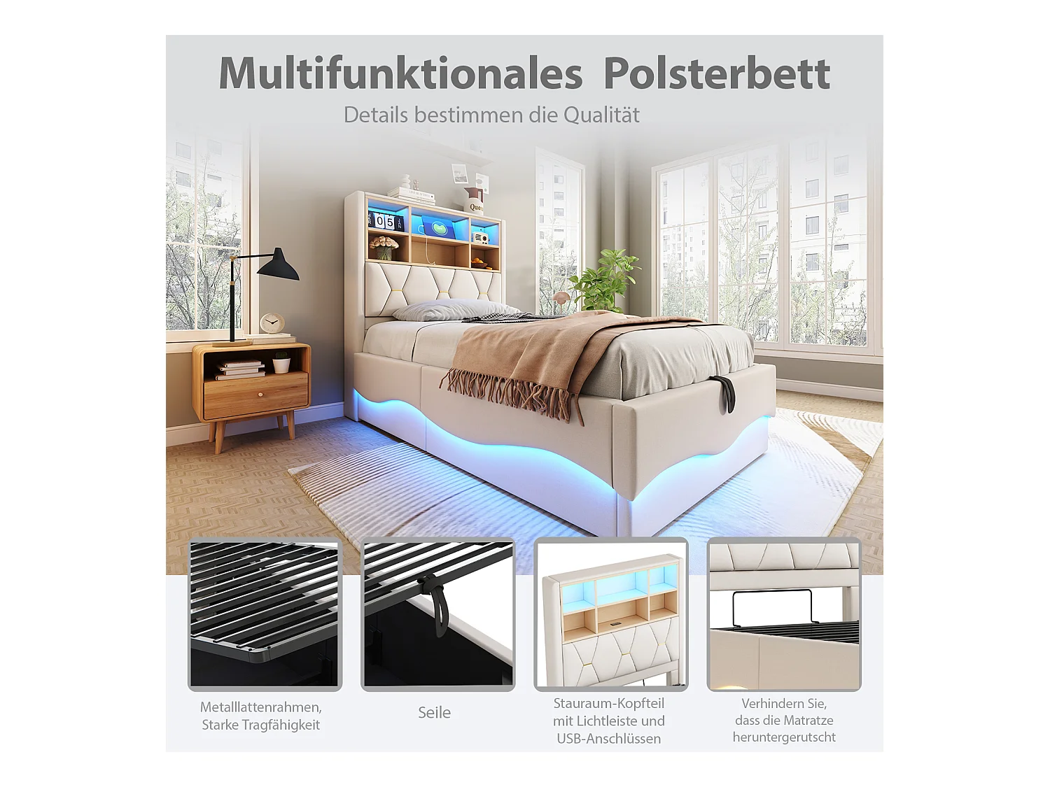 Kinderbett mit Stauraum - 90 x 200 cm - hydraulischer Stauraum - mit LEDs + USB - Leinen + Metall + Sperrholz + MDF - beige