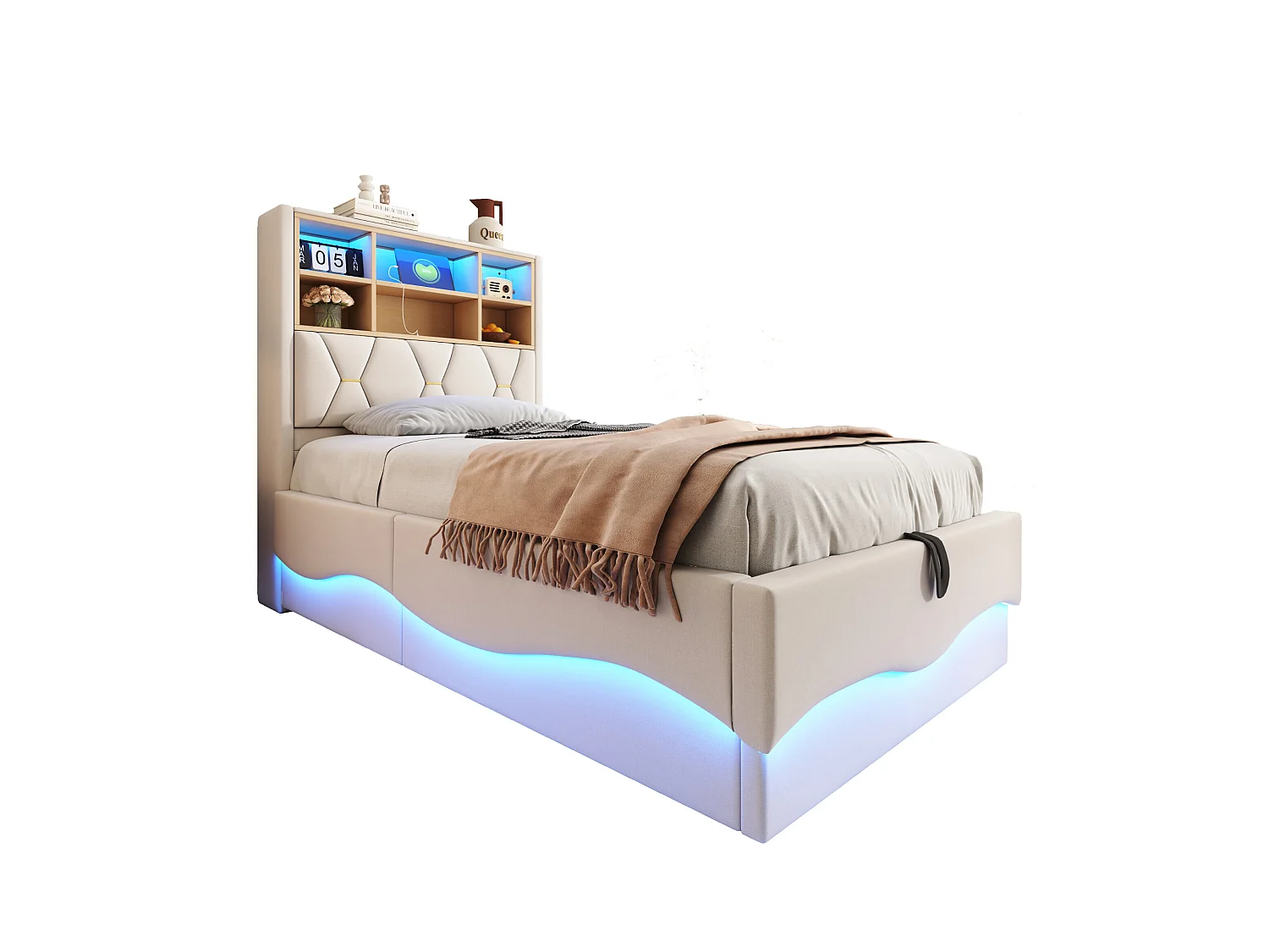 Kinderbett mit Stauraum - 90 x 200 cm - hydraulischer Stauraum - mit LEDs + USB - Leinen + Metall + Sperrholz + MDF - beige