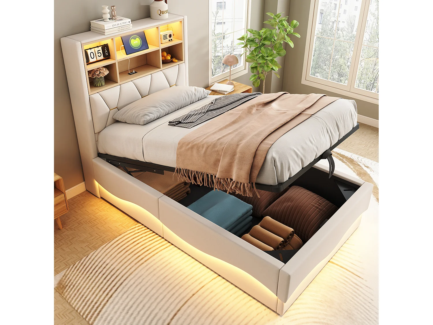 Łóżko dziecięce ze schowkiem - 90 x 200 cm - schowek hydrauliczny - z LED + USB - Len + Metal + Sklejka + MDF - beż