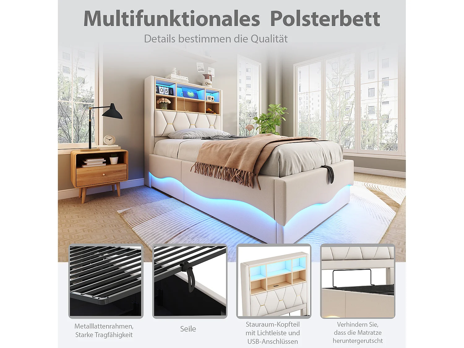 Lit coffre enfant - 90 x 200 cm - rangement hydraulique - avec Leds + USB - Lin + Métal + Contreplaqué + MDF - beige