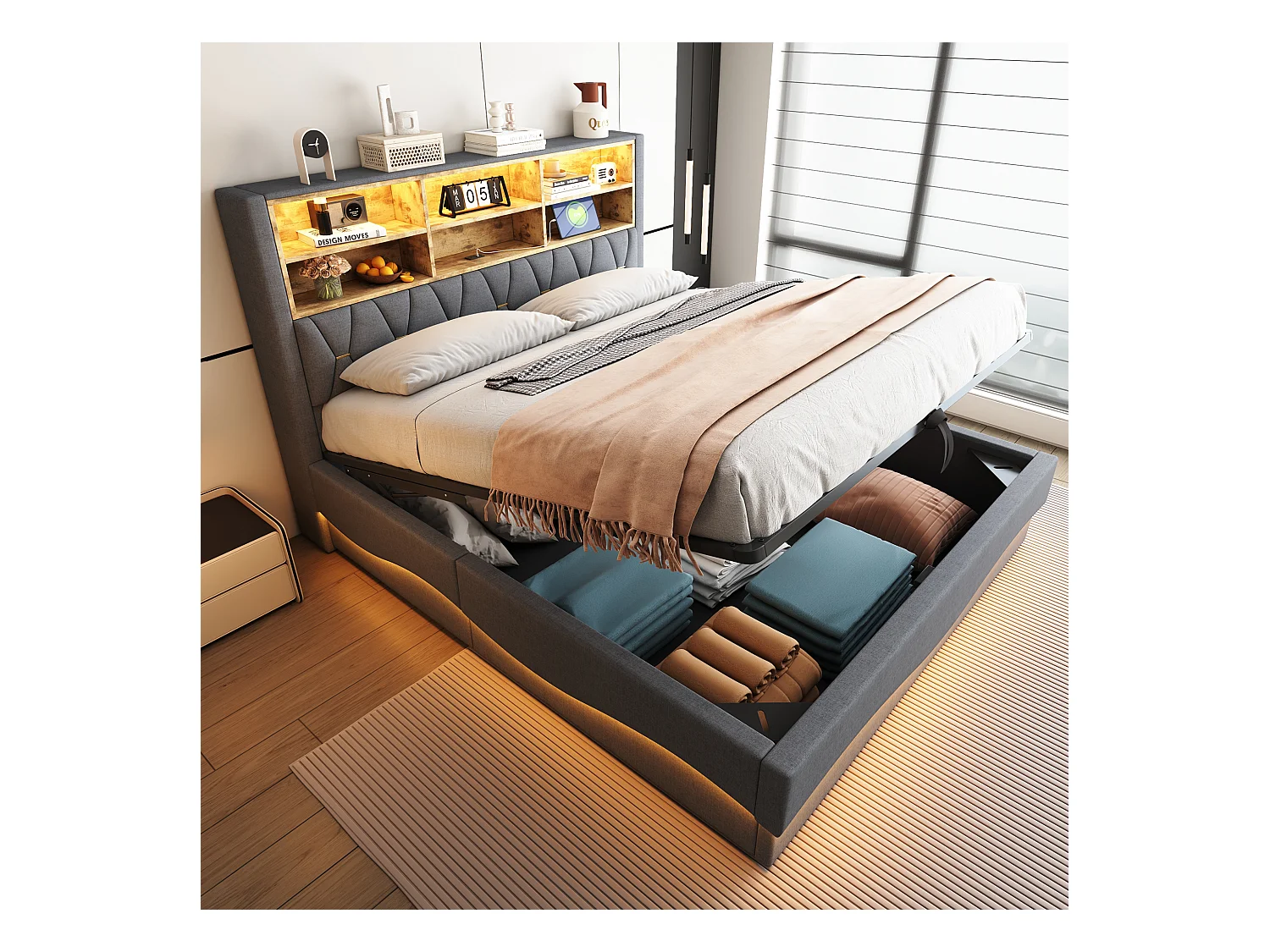 Letto contenitore imbottito - 180 x 200 cm - contenitore idraulico - con LED + USB - Lino + Metallo + Compensato + MDF - grigio