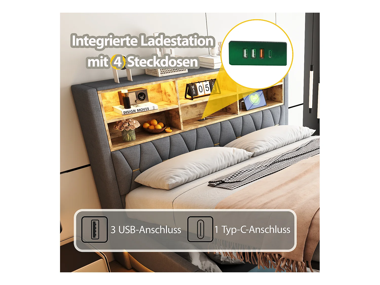 Letto contenitore imbottito - 180 x 200 cm - contenitore idraulico - con LED + USB - Lino + Metallo + Compensato + MDF - grigio