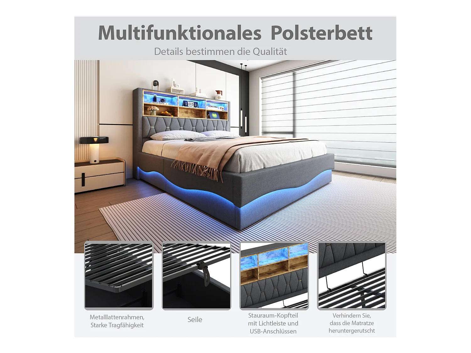 Letto contenitore imbottito - 180 x 200 cm - contenitore idraulico - con LED + USB - Lino + Metallo + Compensato + MDF - grigio