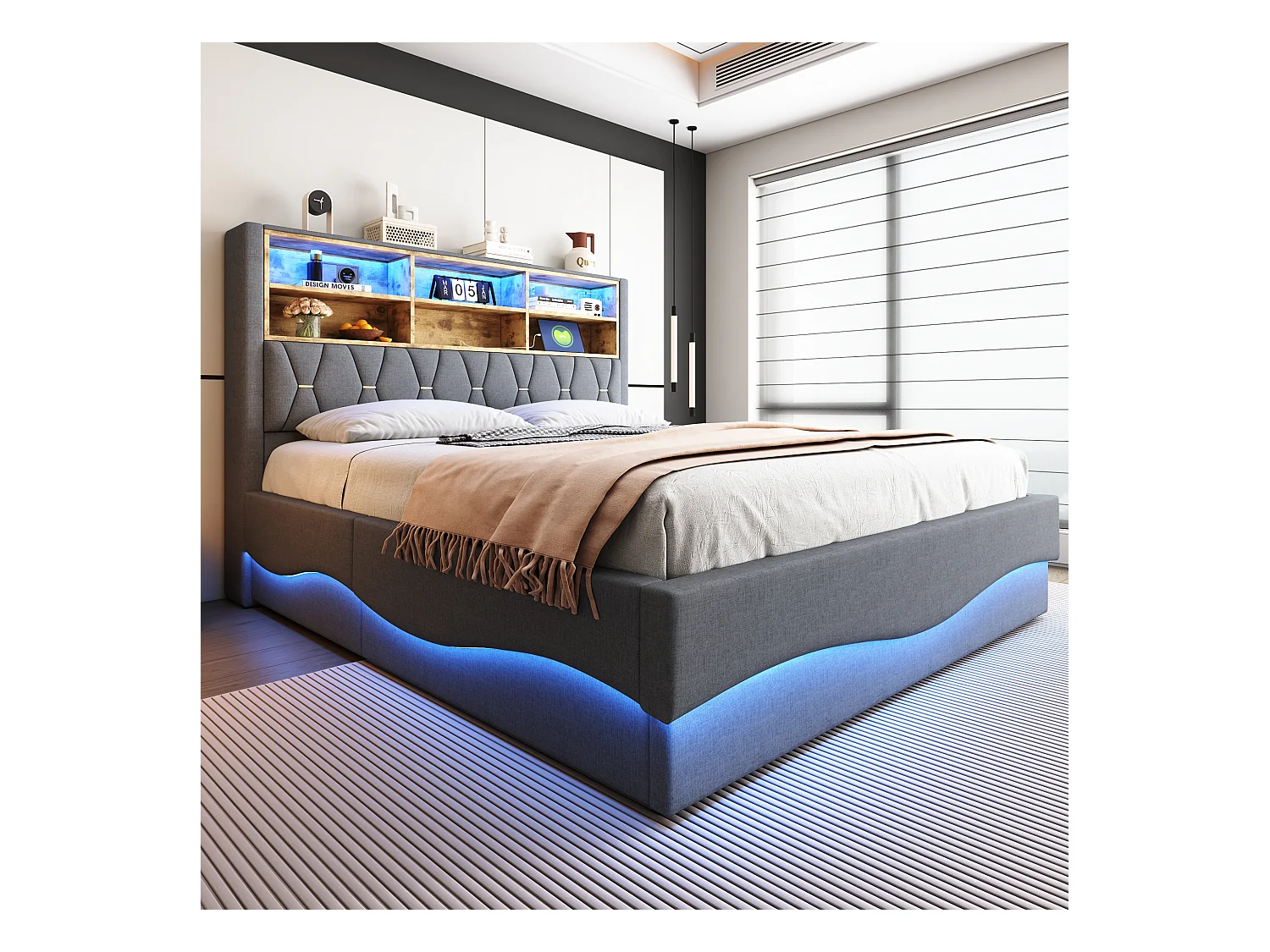 Letto contenitore imbottito - 180 x 200 cm - contenitore idraulico - con LED + USB - Lino + Metallo + Compensato + MDF - grigio