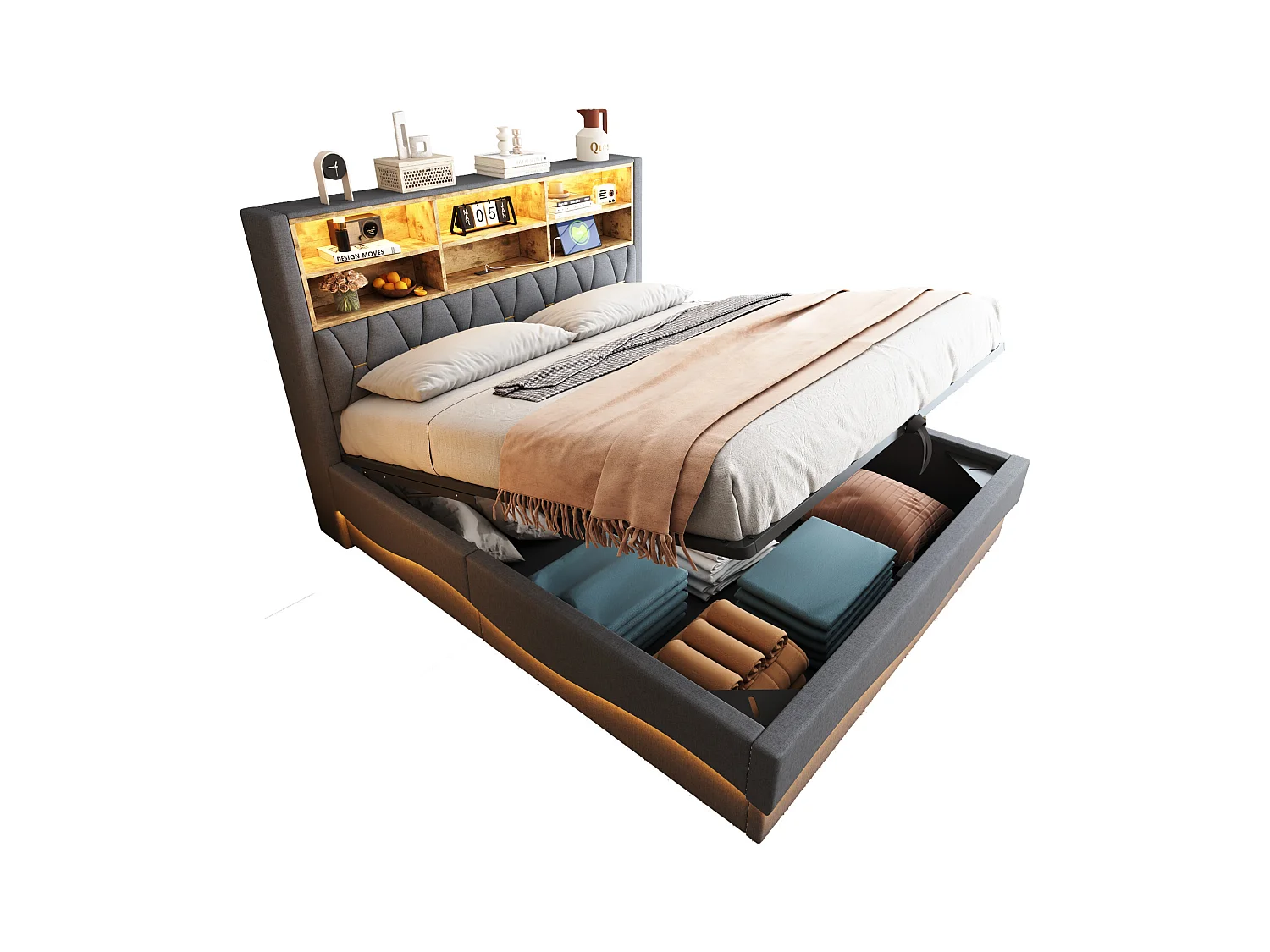Letto contenitore imbottito - 180 x 200 cm - contenitore idraulico - con LED + USB - Lino + Metallo + Compensato + MDF - grigio