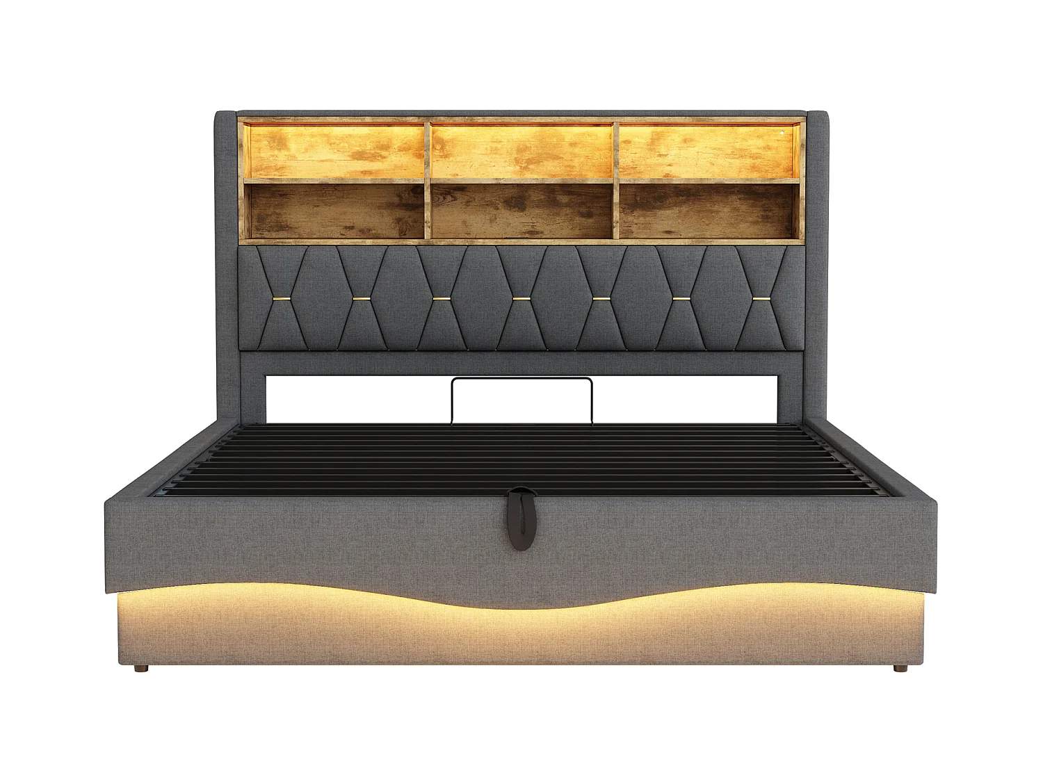 Letto contenitore imbottito - 180 x 200 cm - contenitore idraulico - con LED + USB - Lino + Metallo + Compensato + MDF - grigio