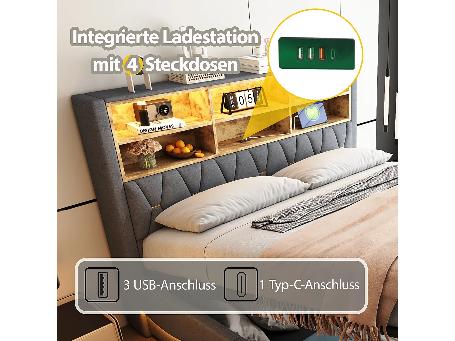 Lit coffre rembourré - 180 x 200 cm - rangement hydraulique - avec Leds + USB - Lin + Métal + Contreplaqué + MDF - gris