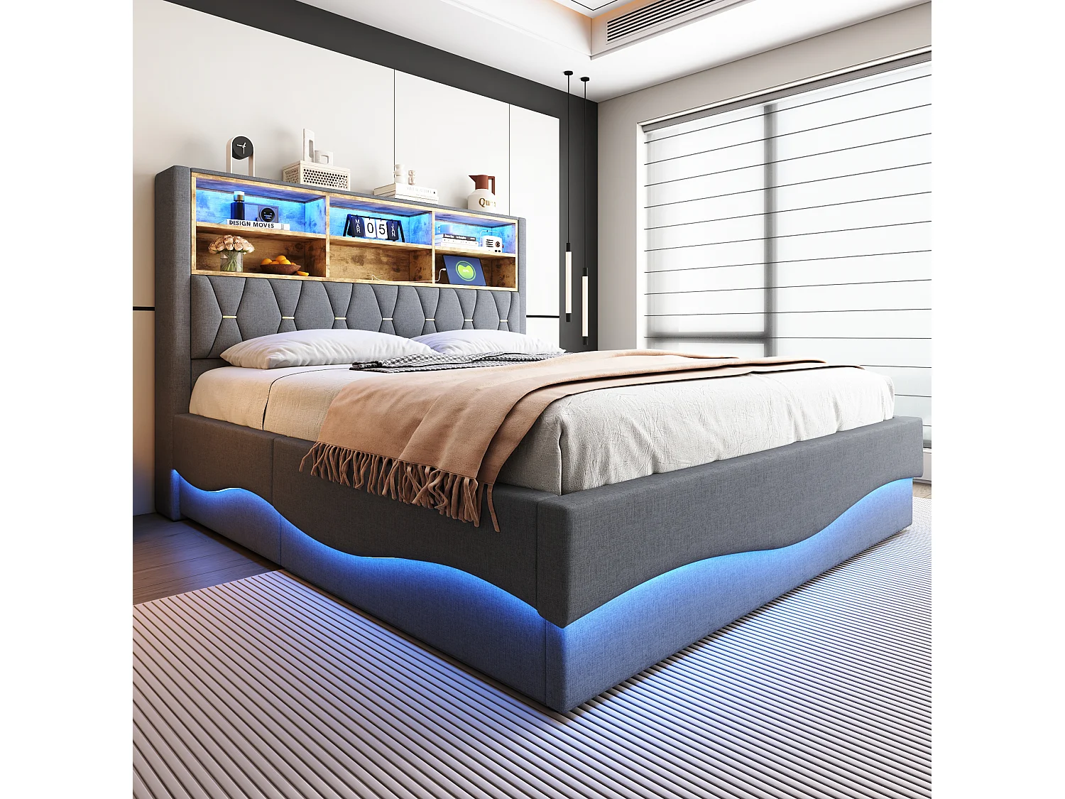 Lit coffre rembourré - 180 x 200 cm - rangement hydraulique - avec Leds + USB - Lin + Métal + Contreplaqué + MDF - gris