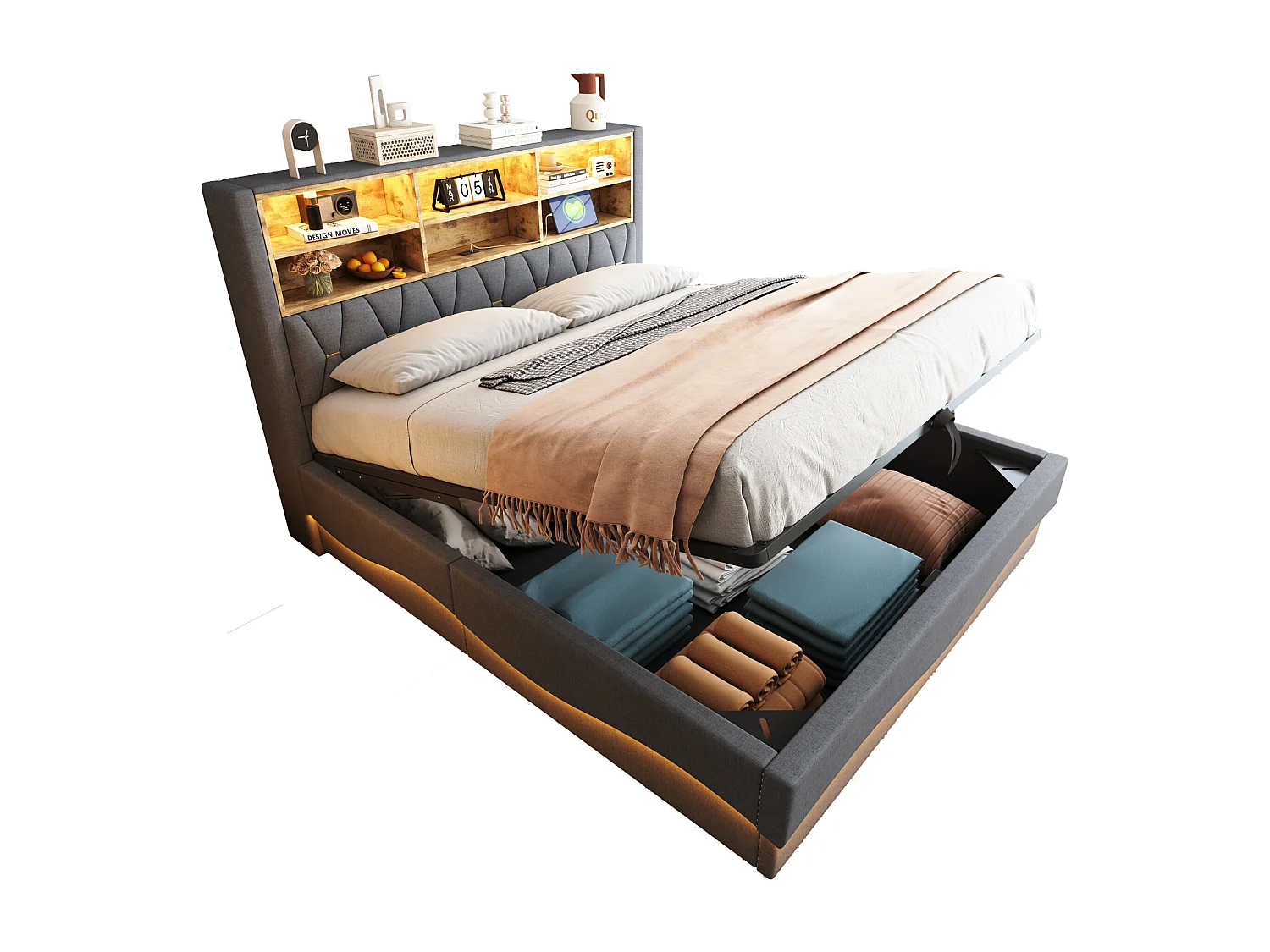 Lit coffre rembourré - 180 x 200 cm - rangement hydraulique - avec Leds + USB - Lin + Métal + Contreplaqué + MDF - gris