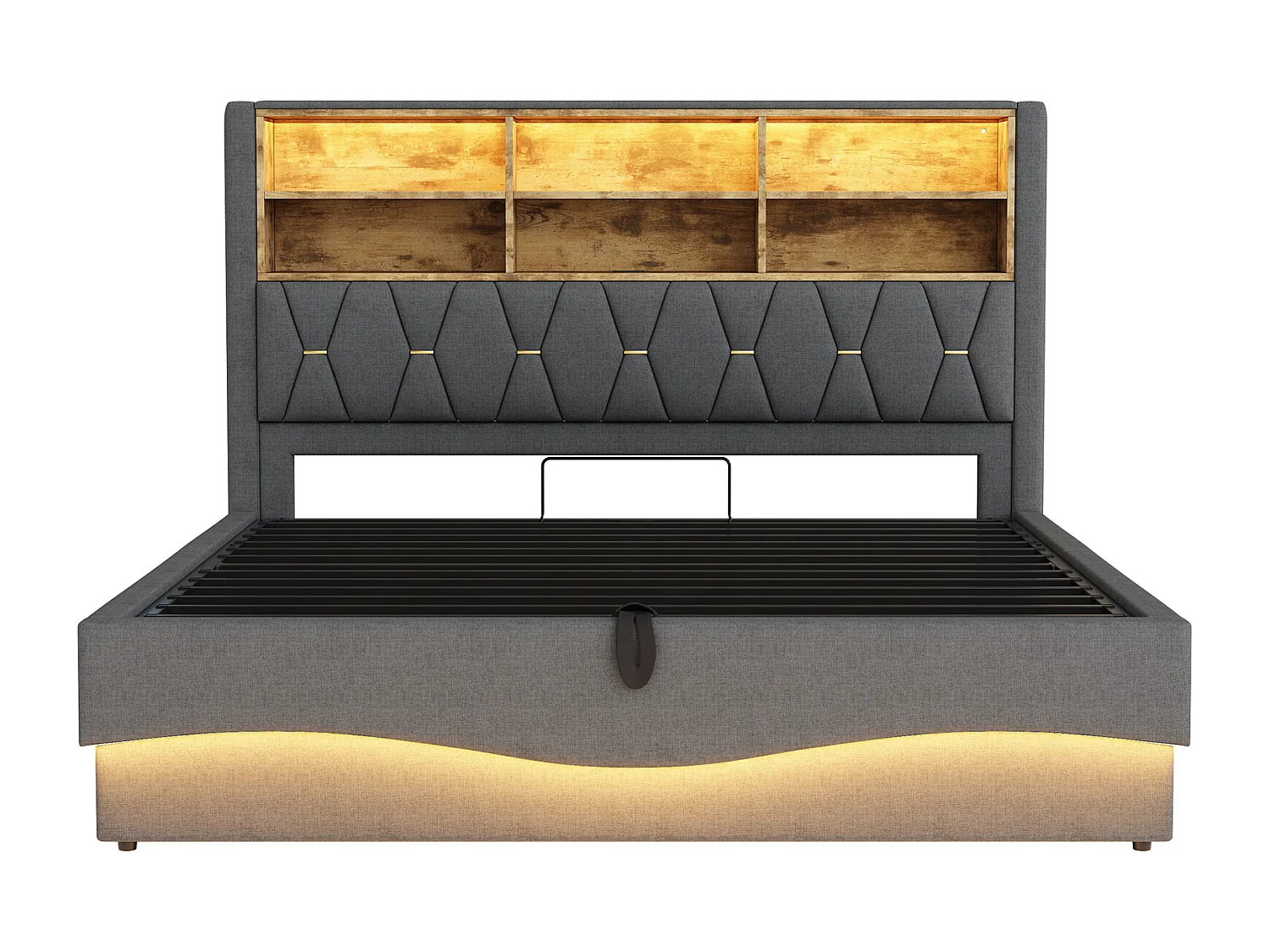 Lit coffre rembourré - 180 x 200 cm - rangement hydraulique - avec Leds + USB - Lin + Métal + Contreplaqué + MDF - gris