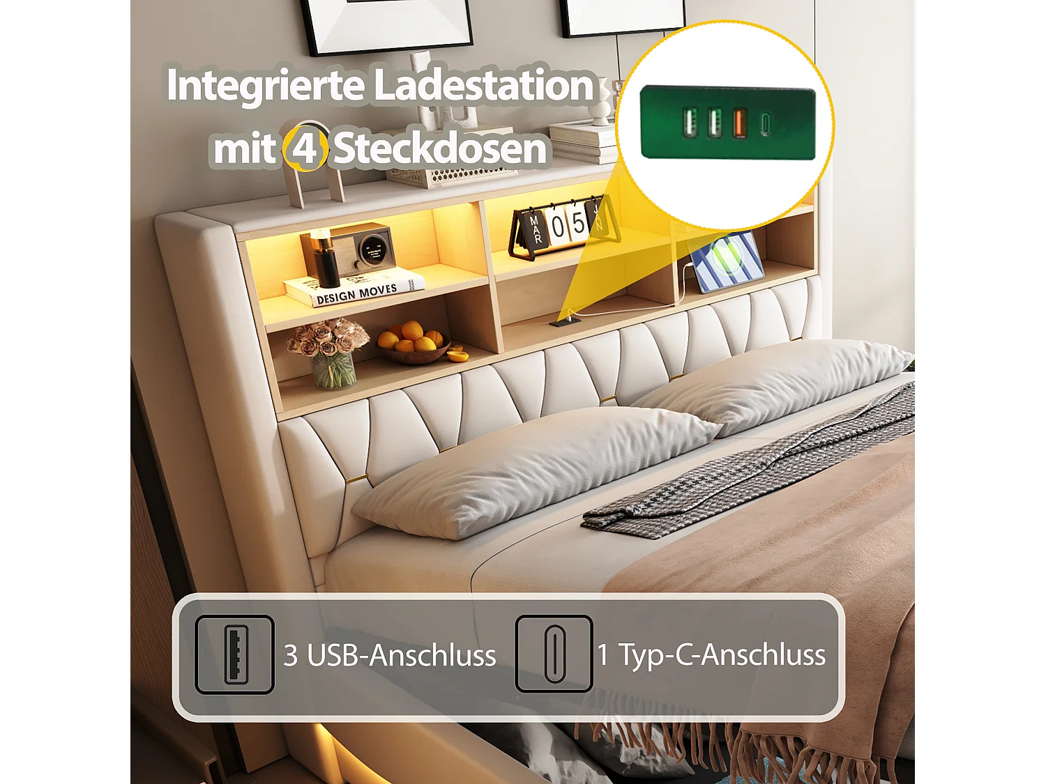 Letto contenitore imbottito - 180 x 200 cm - contenitore idraulico - con LED + USB - Lino + Metallo + Compensato + MDF - bianco