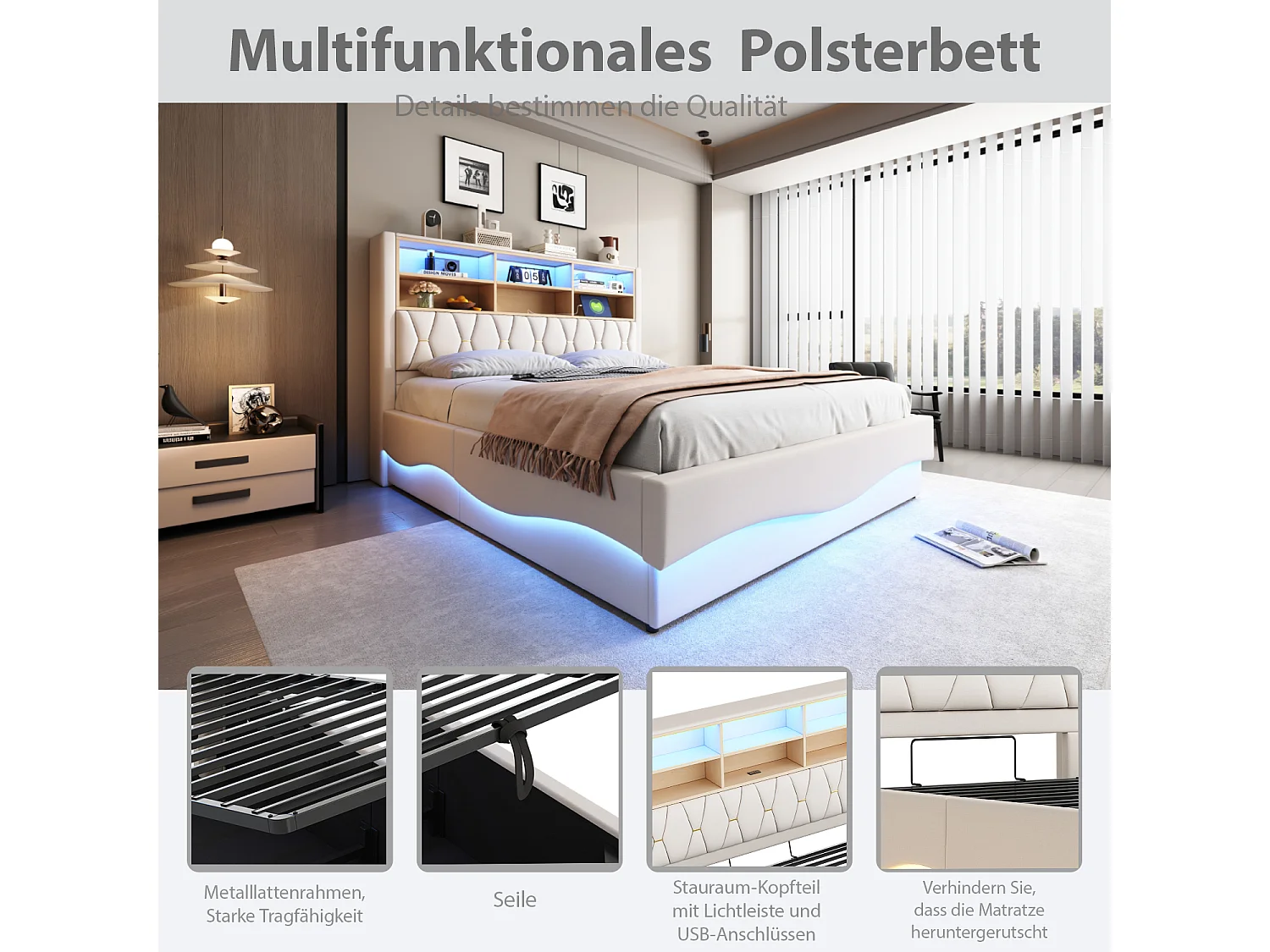 Letto contenitore imbottito - 180 x 200 cm - contenitore idraulico - con LED + USB - Lino + Metallo + Compensato + MDF - bianco