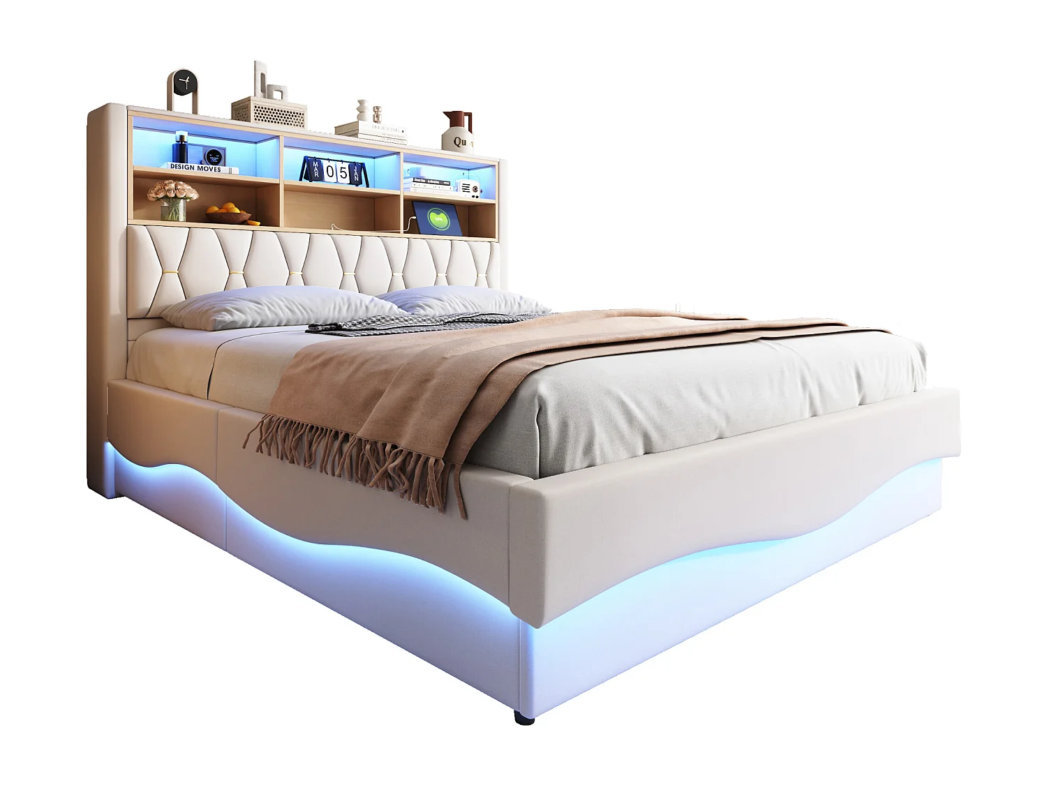 Letto contenitore imbottito - 180 x 200 cm - contenitore idraulico - con LED + USB - Lino + Metallo + Compensato + MDF - bianco