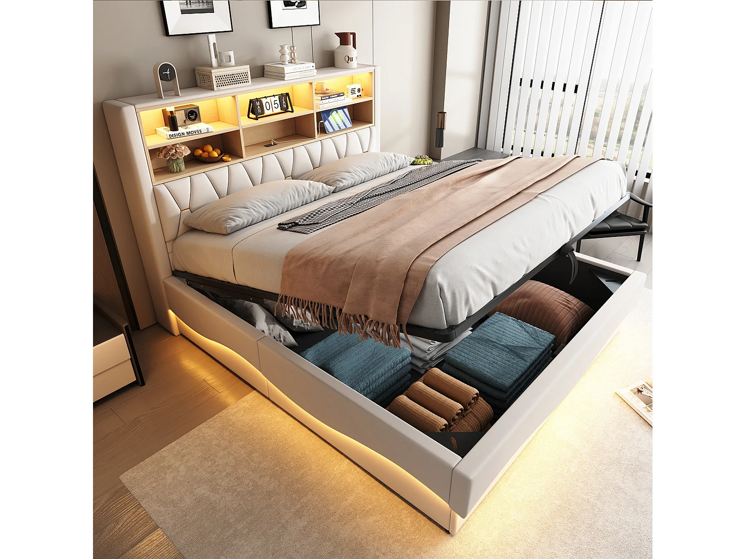 Lit coffre rembourré - 180 x 200 cm - rangement hydraulique - avec Leds + USB - Lin + Métal + Contreplaqué + MDF - blanc