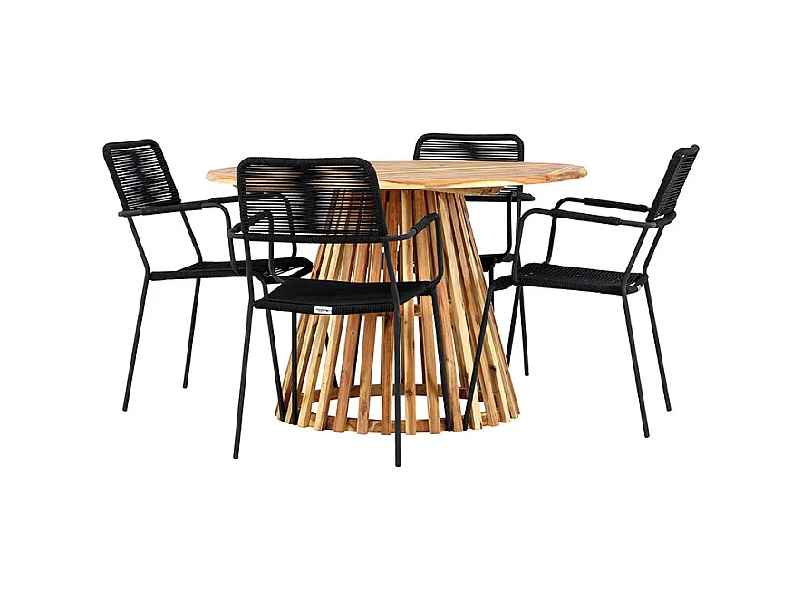 Lumpur set de jardin table Ø120cm naturel, 4 chaises noires.
