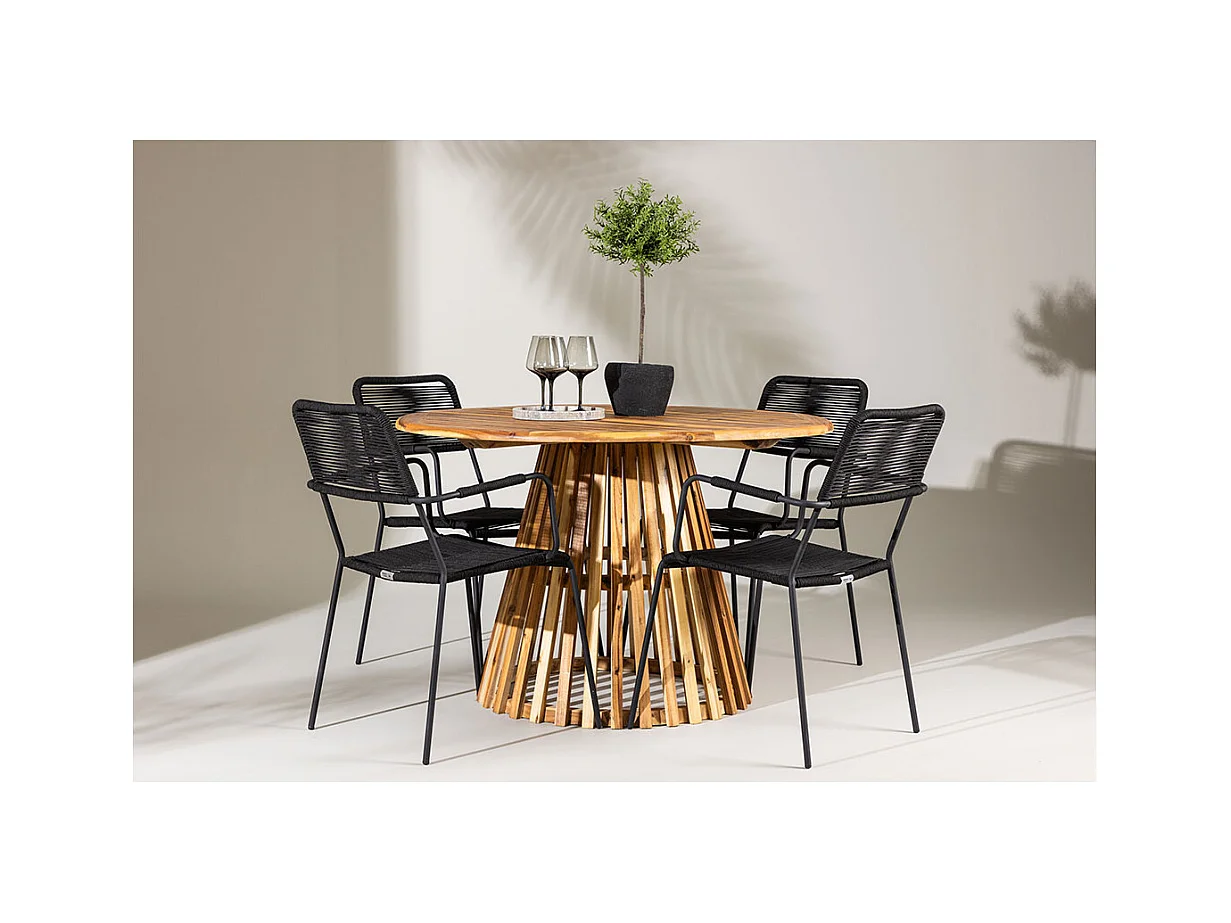 Lumpur set de jardin table Ø120cm naturel, 4 chaises noires.
