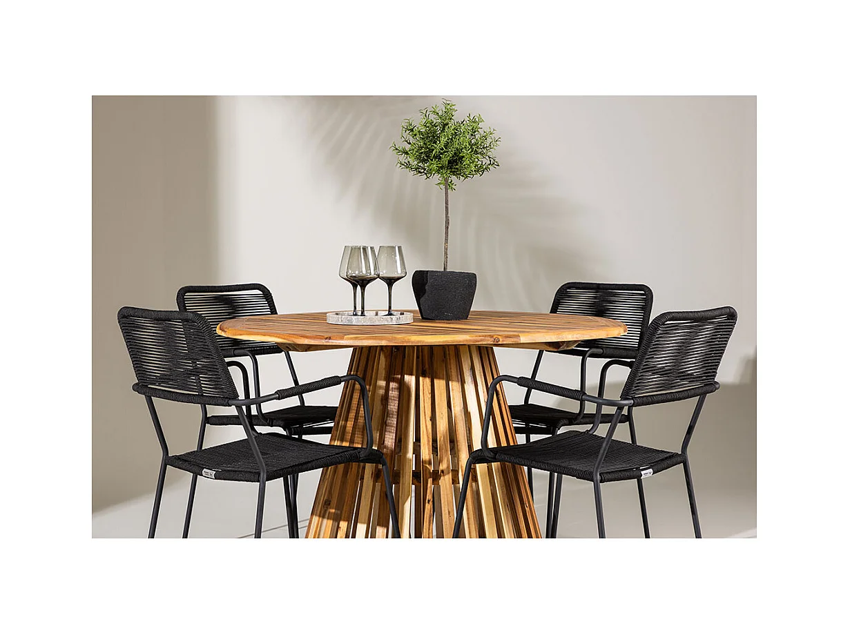 Lumpur set de jardin table Ø120cm naturel, 4 chaises noires.