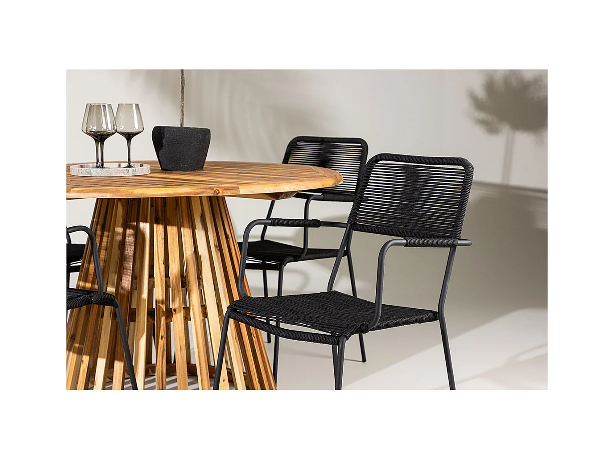 Lumpur set de jardin table Ø120cm naturel, 4 chaises noires.