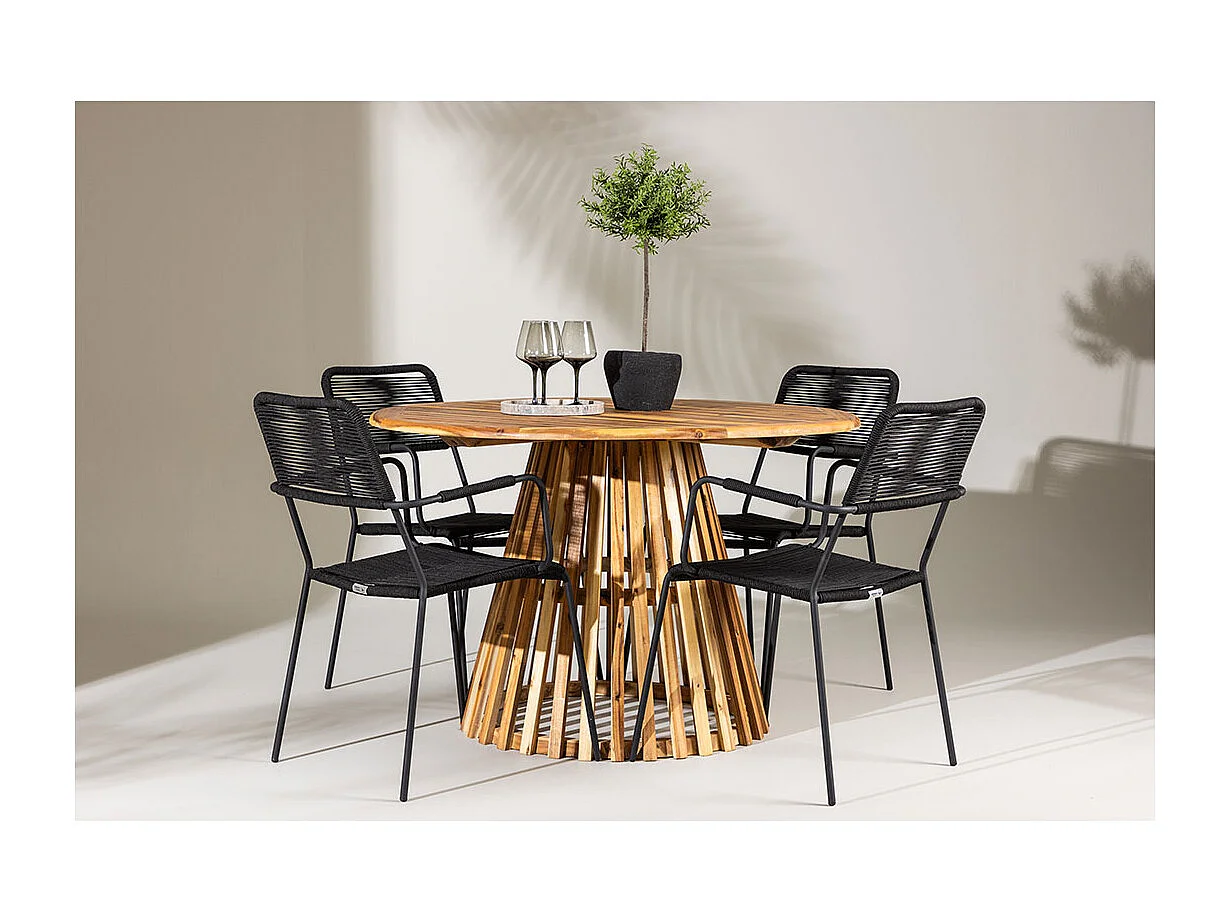 Lumpur Gartenset Tisch Ø120cm natur, 4 Stühle schwarz.