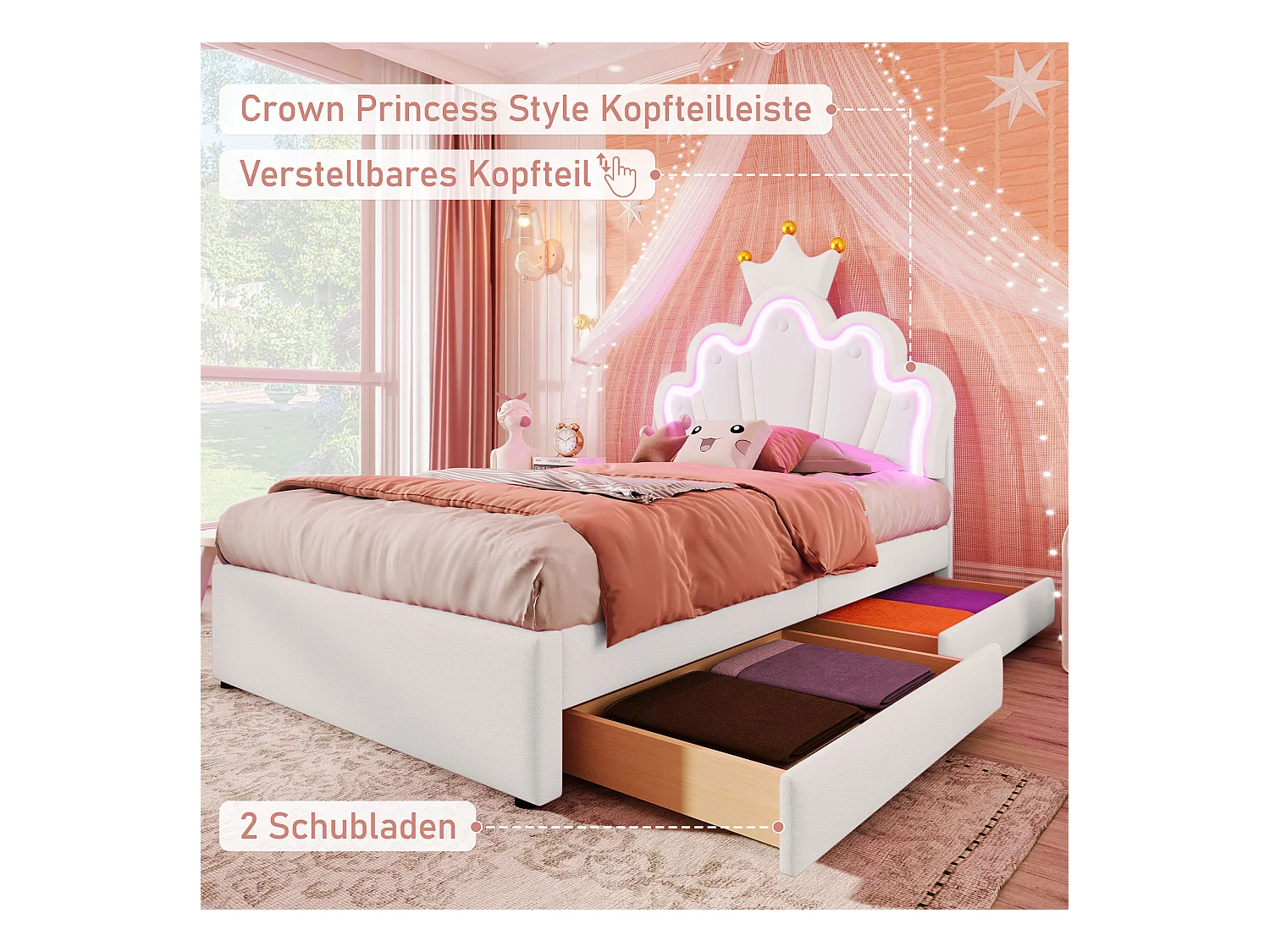 Tapicerowane łóżko dziecięce 90x200 cm – z LED i 2 szufladami – białe