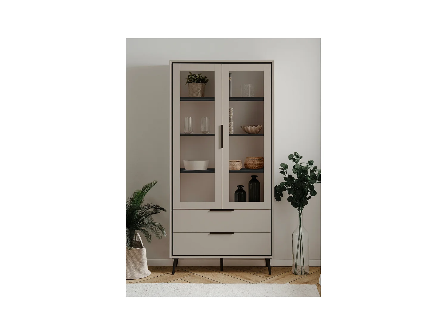 Buffet haut 2 portes vitrées, 2 tiroirs, 6 étagères à l'intérieur L90cm - ARONA