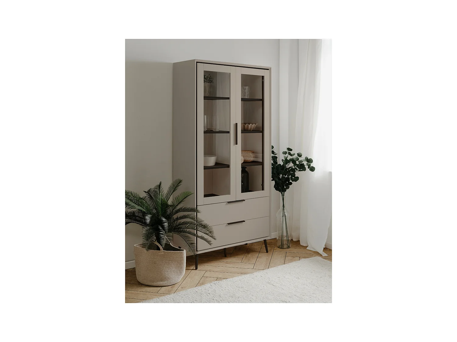 Buffet haut 2 portes vitrées, 2 tiroirs, 6 étagères à l'intérieur L90cm - ARONA