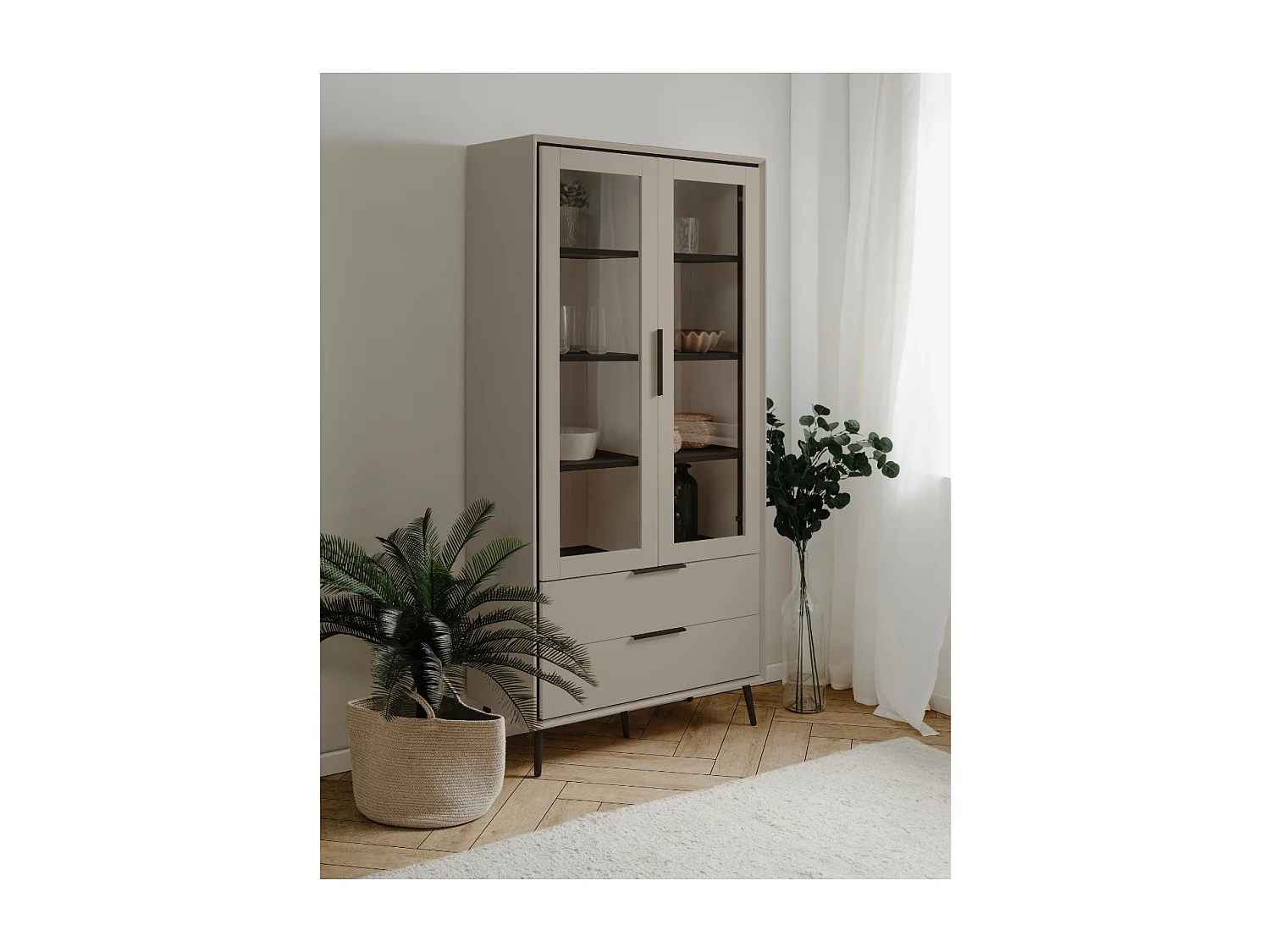 Hoog dressoir met 2 glazen deuren, 2 lades en 6 legplanken binnenin, 90 cm – ARONA