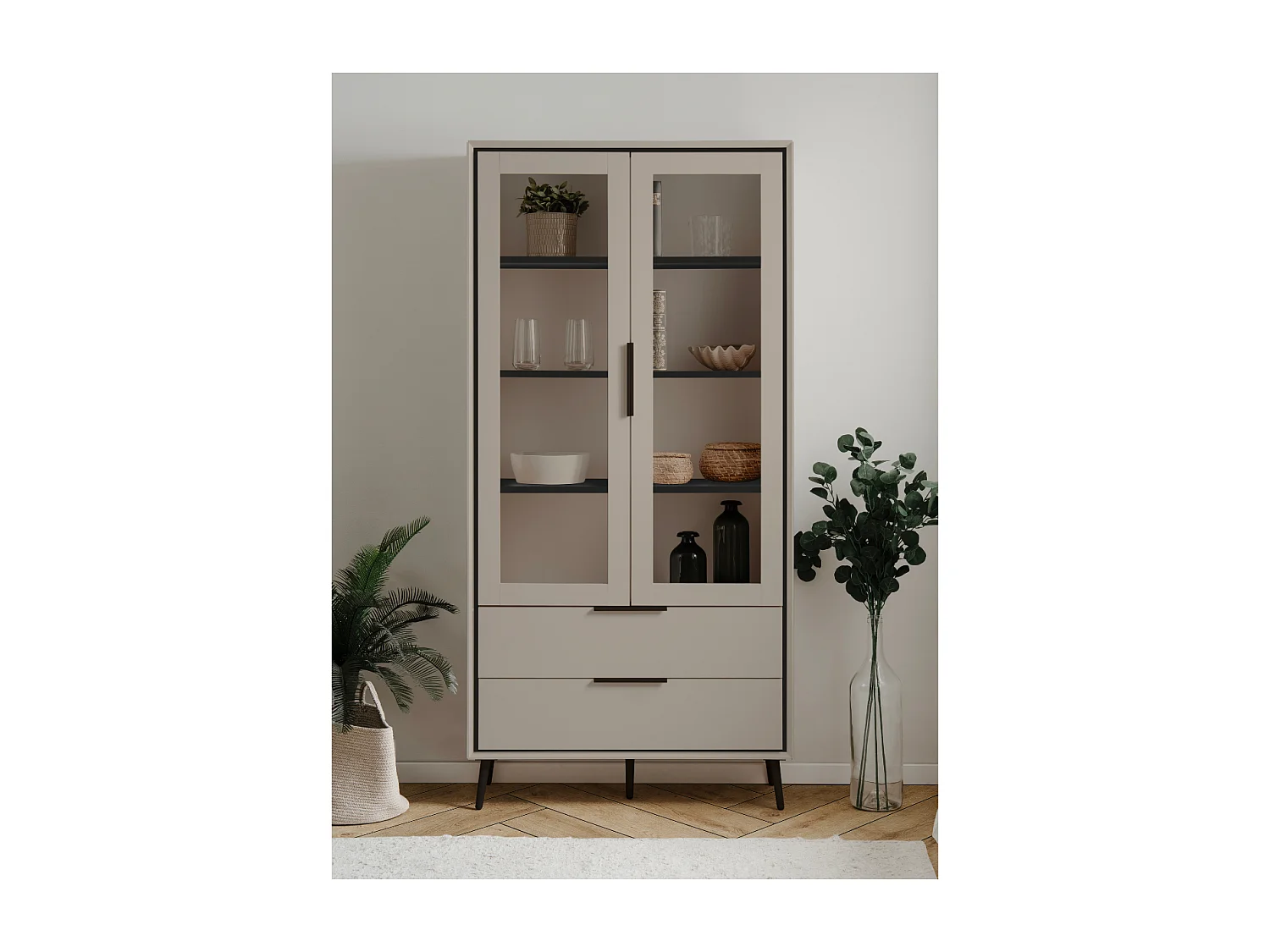 Buffet haut 2 portes vitrées, 2 tiroirs, 6 étagères à l'intérieur L90cm - ARONA