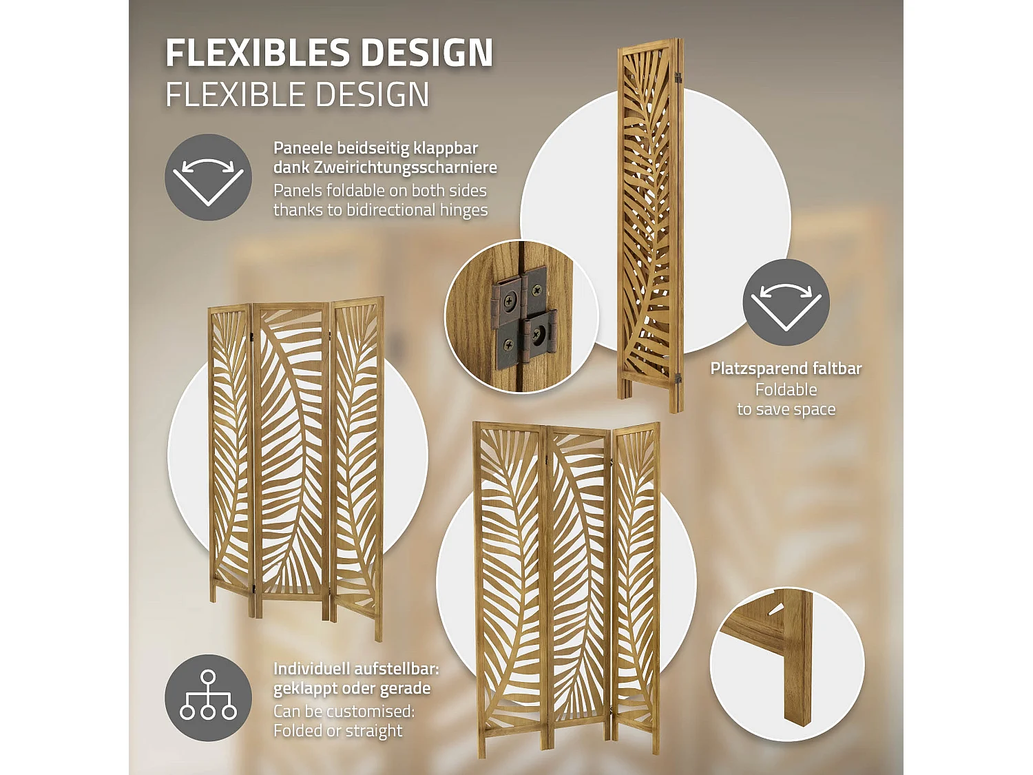 Paravent intérieur Fukuoka 170x121 cm naturel en bois à 3 panneaux pliable cloison de séparation écran diviseur protection visuelle séparateur pièce