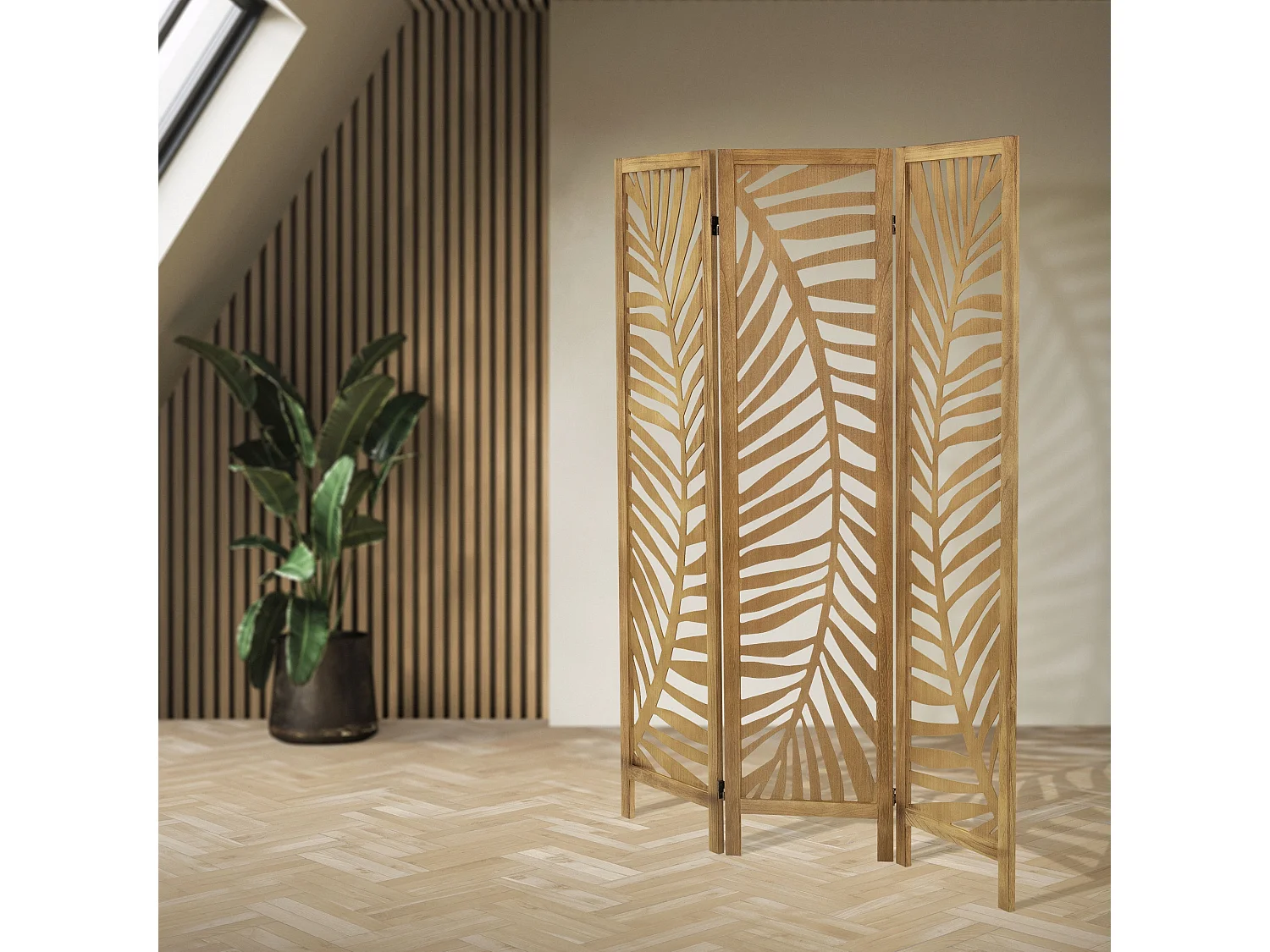Paravent intérieur Fukuoka 170x121 cm naturel en bois à 3 panneaux pliable cloison de séparation écran diviseur protection visuelle séparateur pièce