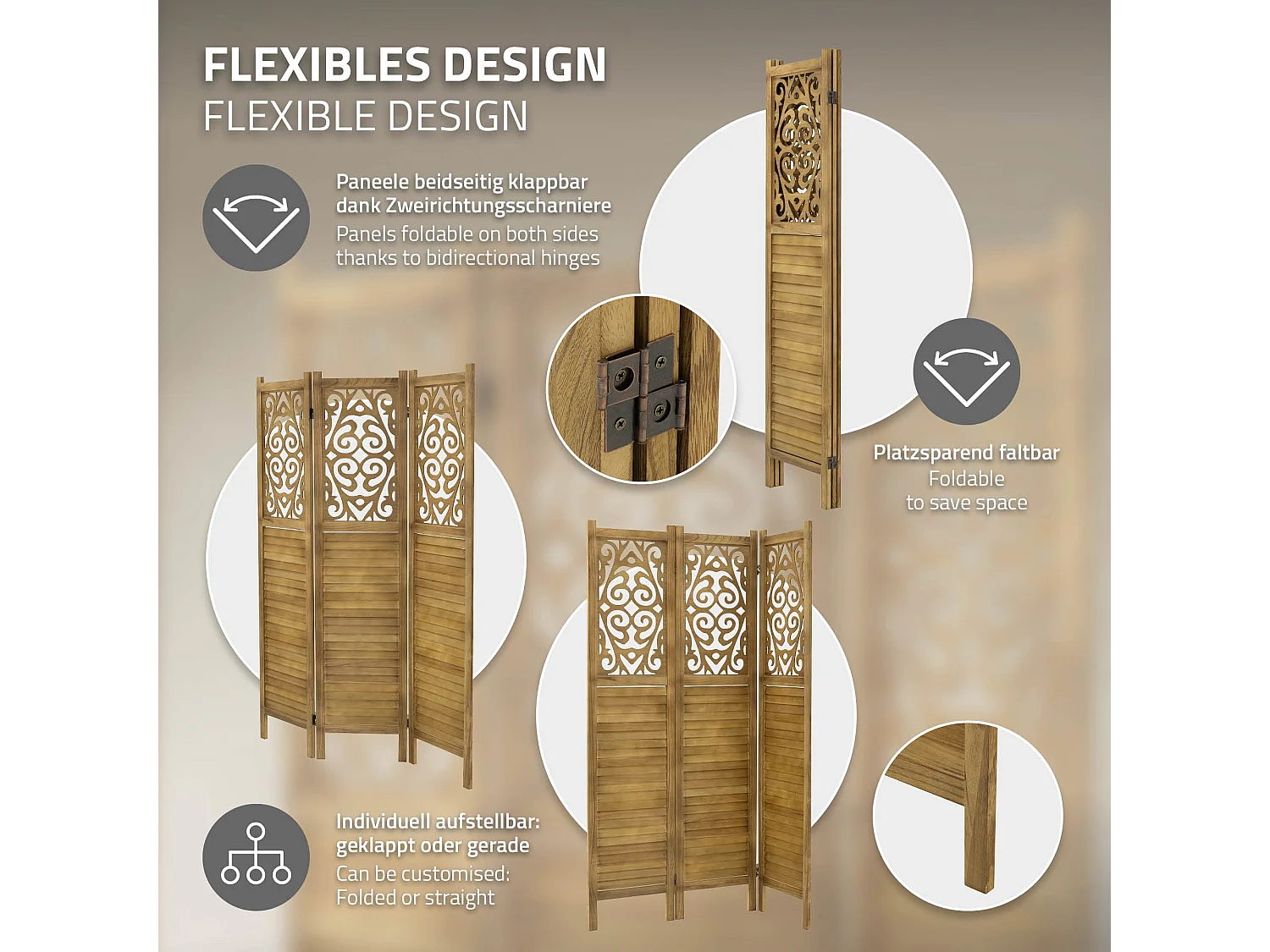 Paravent intérieur Tokio 170x121 cm naturel en bois à 3 panneaux pliable cloison de séparation écran diviseur protection visuelle séparateur de pièce