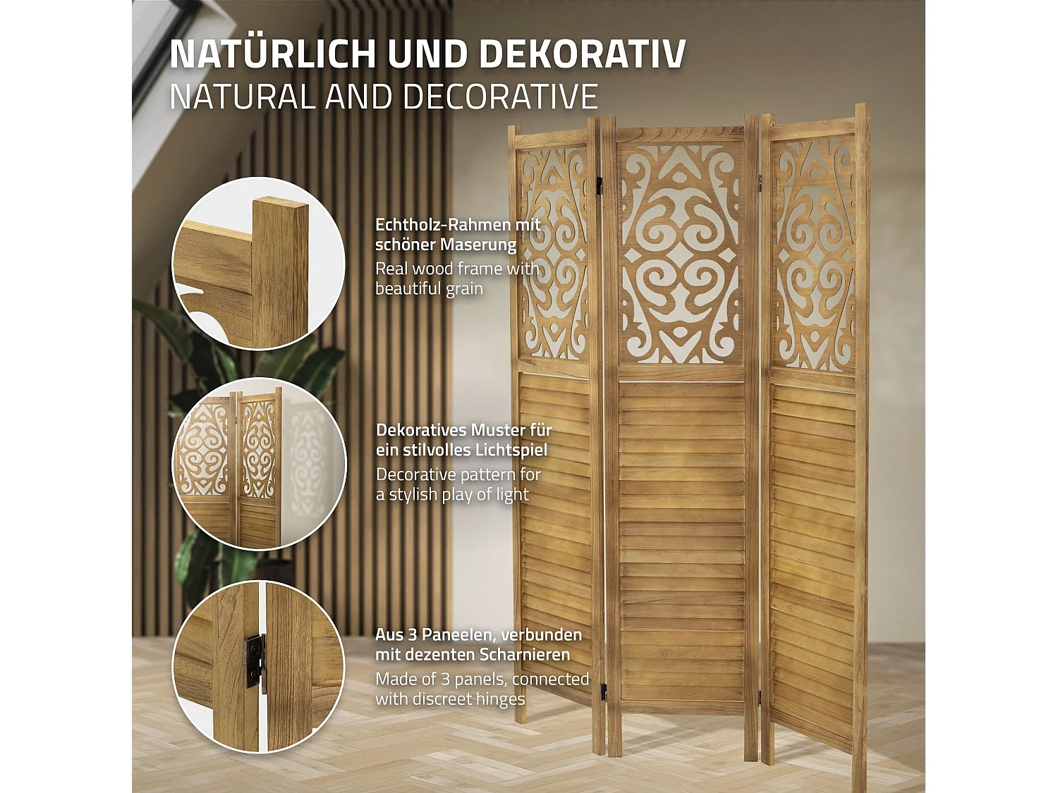 Paravent intérieur Tokio 170x121 cm naturel en bois à 3 panneaux pliable cloison de séparation écran diviseur protection visuelle séparateur de pièce