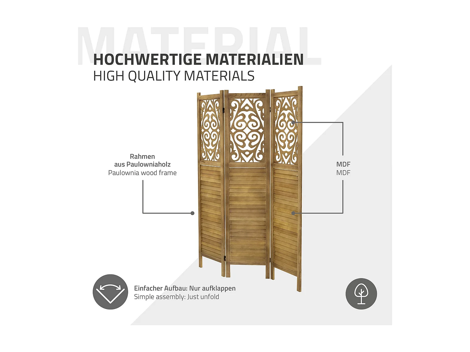 Paravent intérieur Tokio 170x121 cm naturel en bois à 3 panneaux pliable cloison de séparation écran diviseur protection visuelle séparateur de pièce