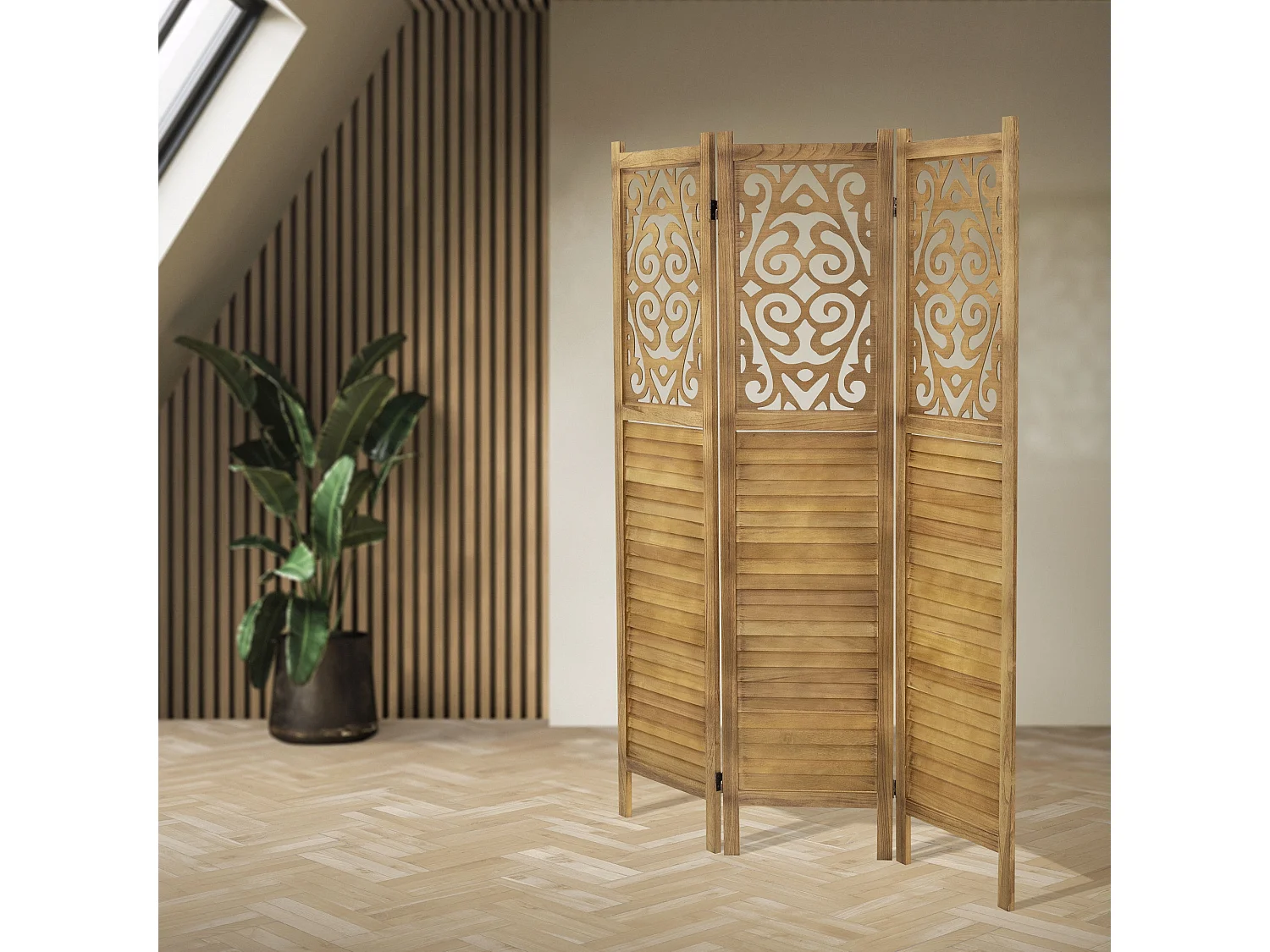 Paravent intérieur Tokio 170x121 cm naturel en bois à 3 panneaux pliable cloison de séparation écran diviseur protection visuelle séparateur de pièce