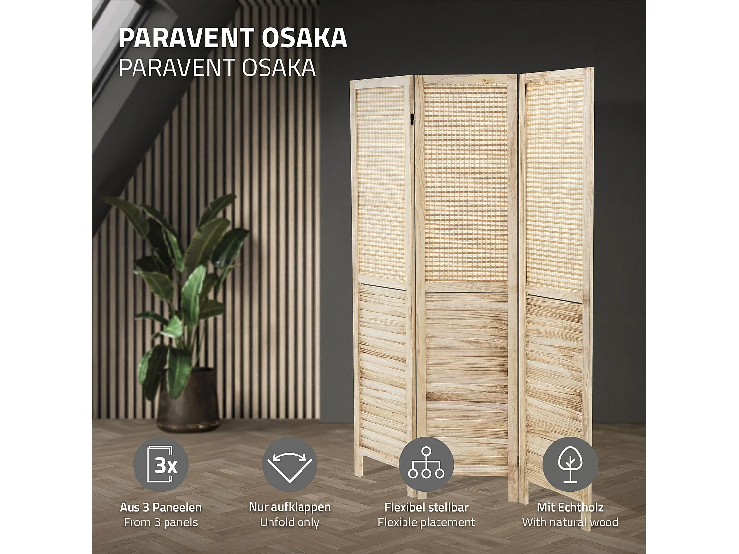 Paravent intérieur Osaka 170x121 cm naturel en bois à 3 panneaux pliable cloison de séparation écran diviseur protection visuelle séparateur de pièce