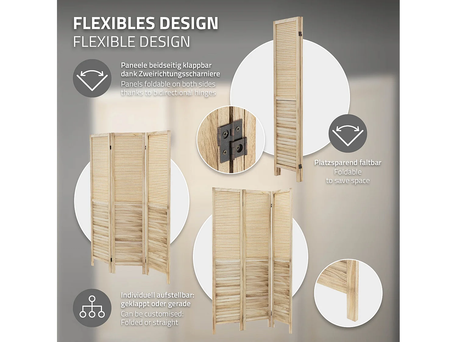 Paravent intérieur Osaka 170x121 cm naturel en bois à 3 panneaux pliable cloison de séparation écran diviseur protection visuelle séparateur de pièce