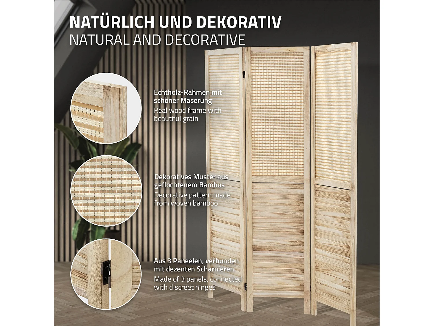 Paravent intérieur Osaka 170x121 cm naturel en bois à 3 panneaux pliable cloison de séparation écran diviseur protection visuelle séparateur de pièce
