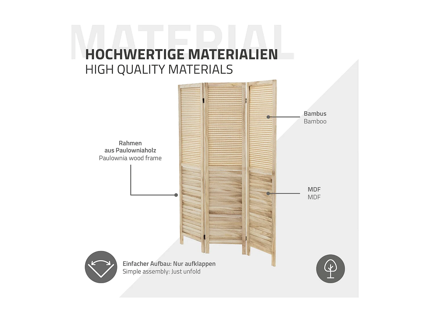 Paravent intérieur Osaka 170x121 cm naturel en bois à 3 panneaux pliable cloison de séparation écran diviseur protection visuelle séparateur de pièce