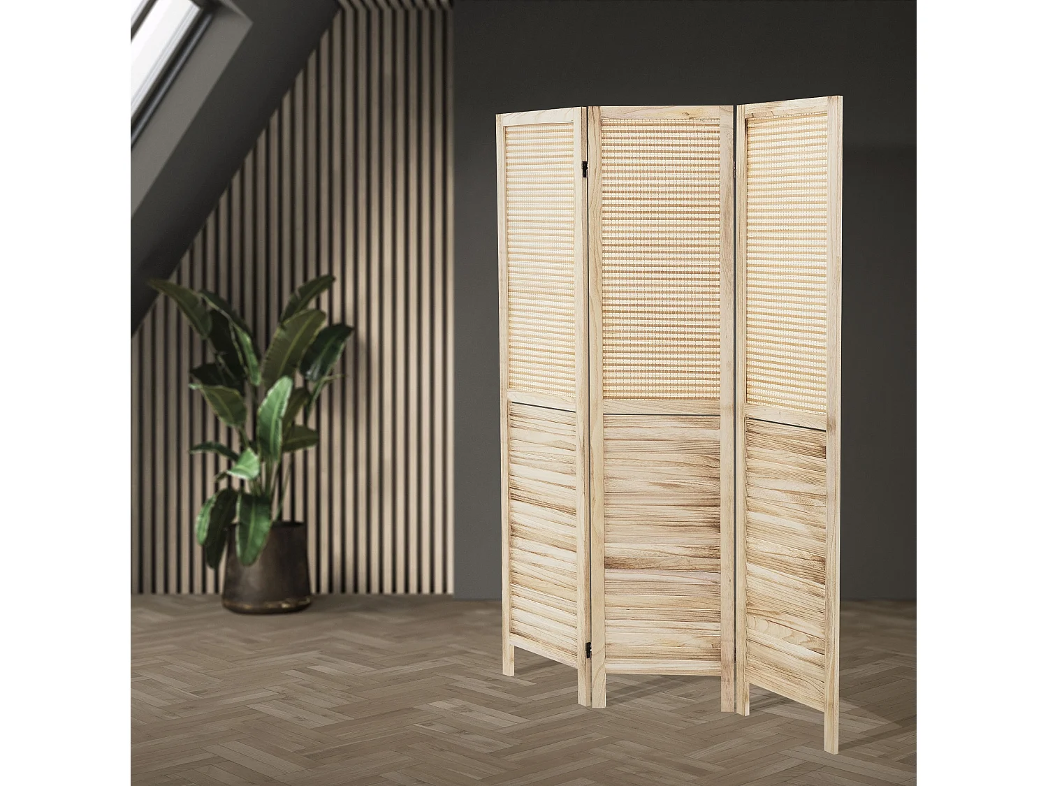 Paravent intérieur Osaka 170x121 cm naturel en bois à 3 panneaux pliable cloison de séparation écran diviseur protection visuelle séparateur de pièce