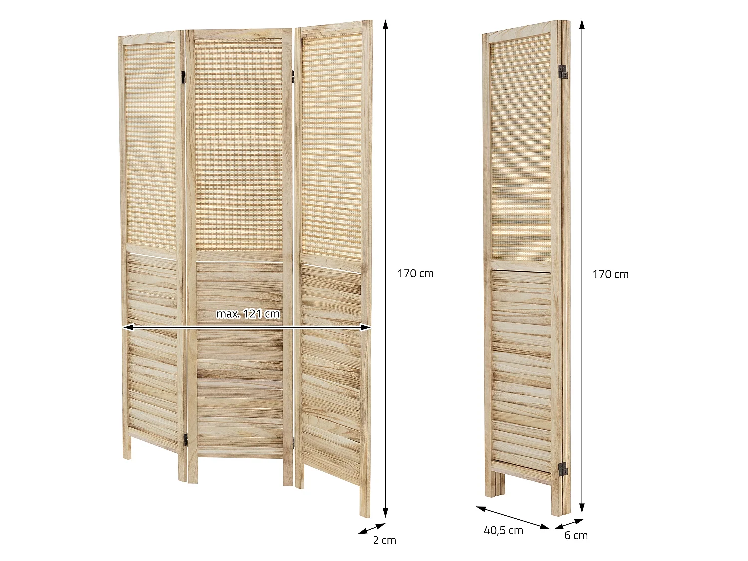 ML-Design Paravento pieghevole Osaka in legno naturale 3 pannelli 170x121 cm divisore per interni autoportante schermo giapponese decorativo