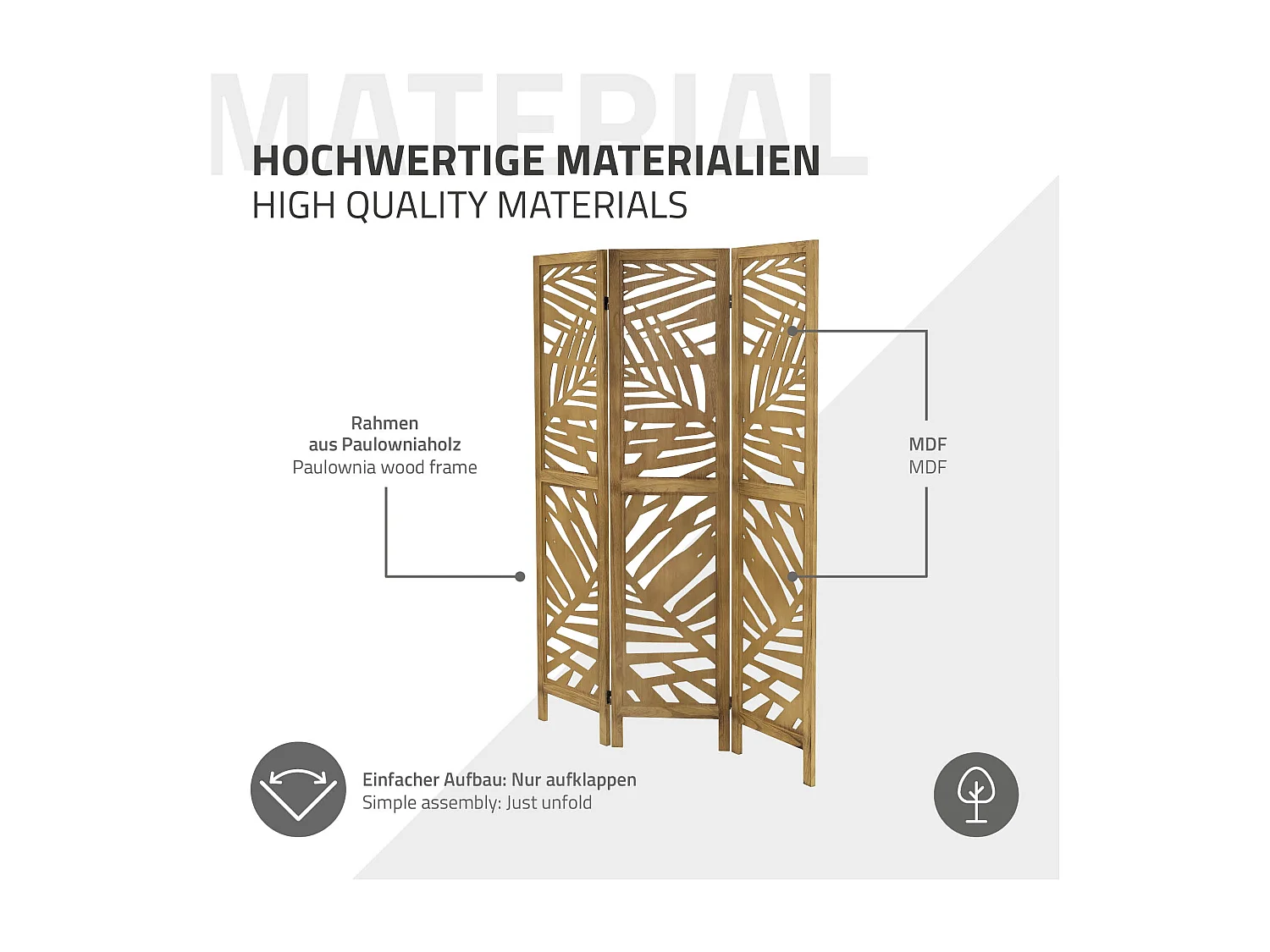 Paravent intérieur Kyoto 170x121 cm naturel en bois à 3 panneaux pliable cloison de séparation écran diviseur protection visuelle séparateur de pièce