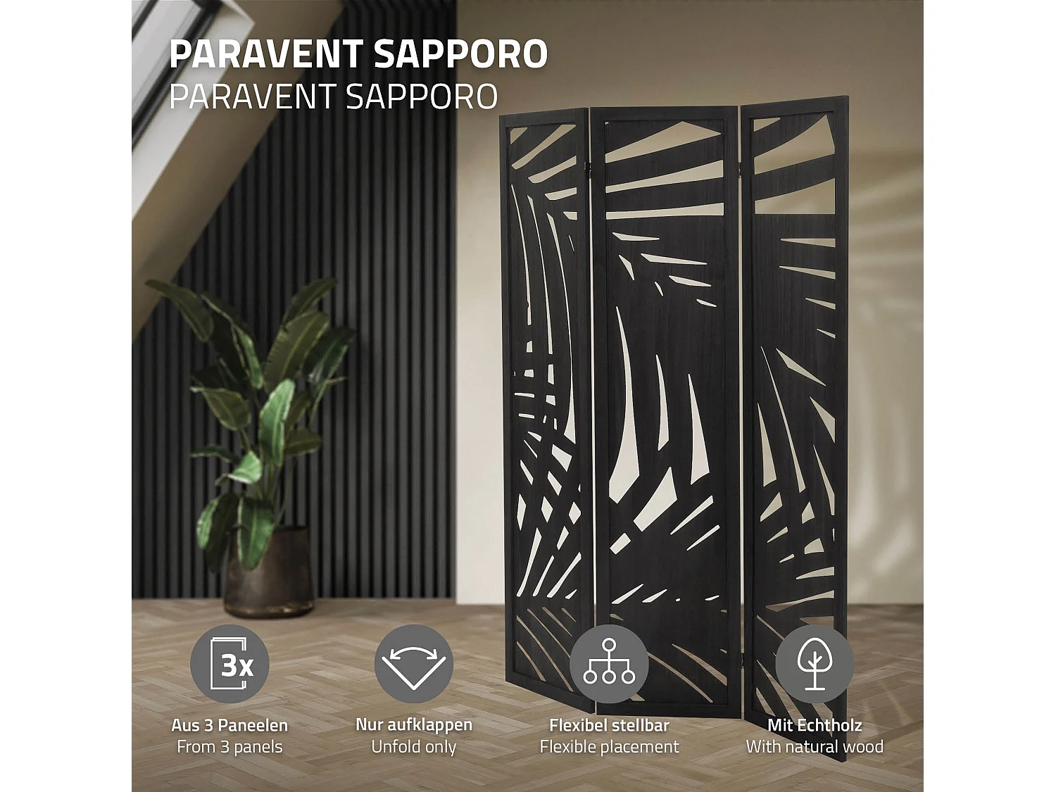 Paravent intérieur Sapporo 170x121 cm noir en bois à 3 panneaux pliable cloison de séparation écran diviseur protection visuelle séparateur de pièce