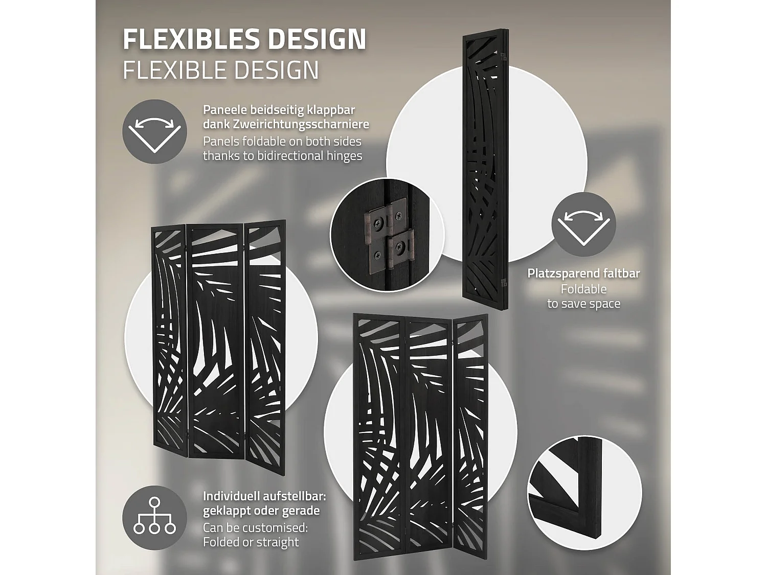 Paravent intérieur Sapporo 170x121 cm noir en bois à 3 panneaux pliable cloison de séparation écran diviseur protection visuelle séparateur de pièce